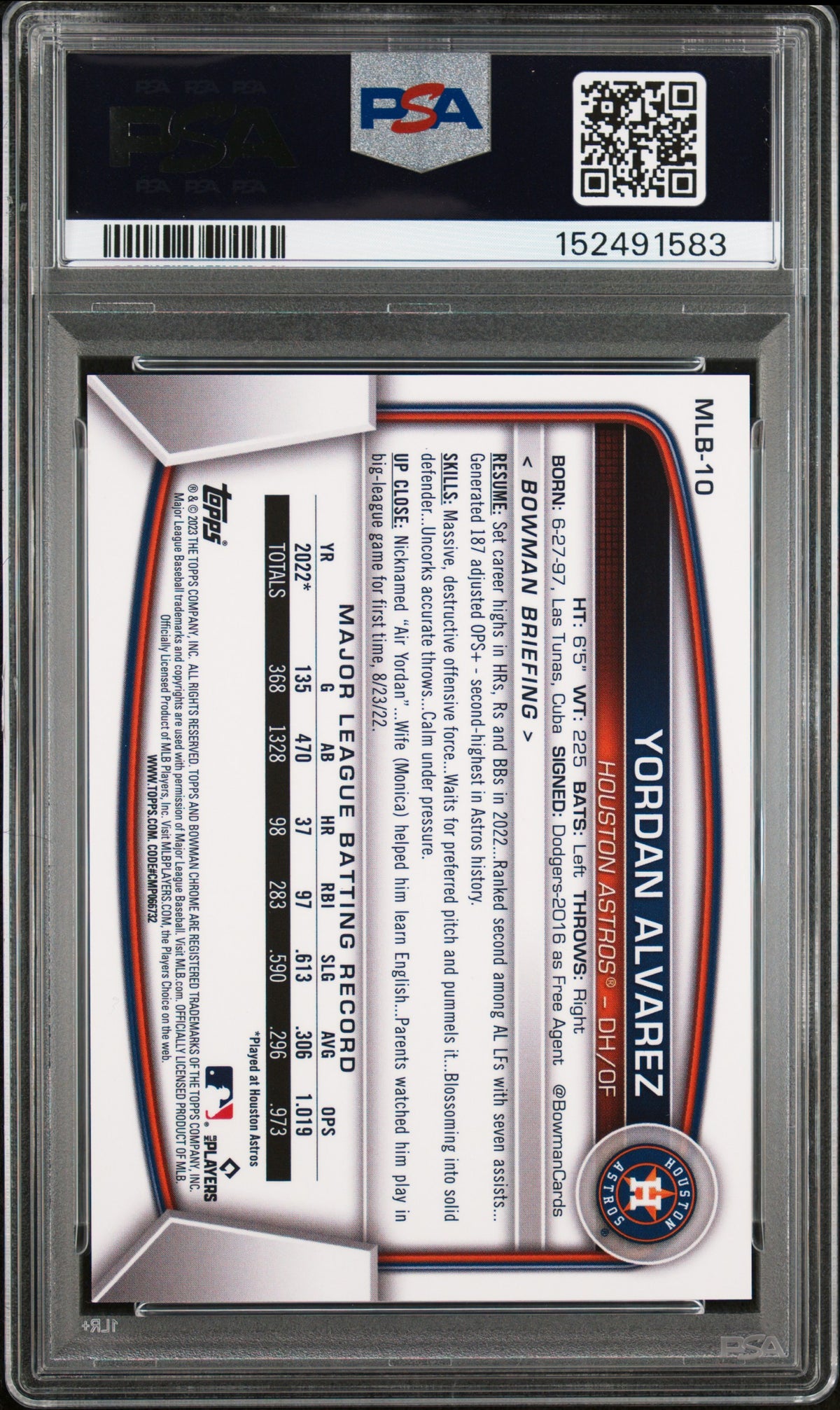 2023 Bowman Chrome National Yordan Alvarez Red Refractor #10 — PSA 10 — PSA cert 152491583 — back