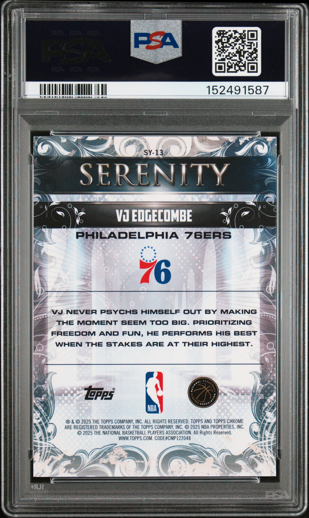 2025 Topps Chrome Serenity VJ Edgecombe Blue Refractor #SY-13 – PSA 10 — PSA cert 152491587 — back