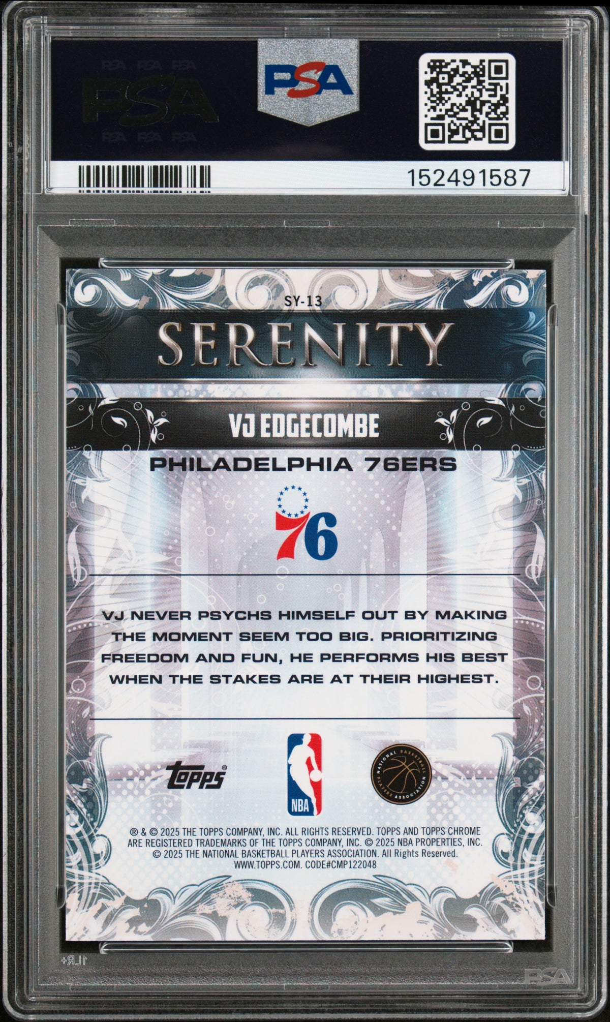 2025 Topps Chrome Serenity VJ Edgecombe Blue Refractor #SY-13 – PSA 10 — PSA cert 152491587 — back