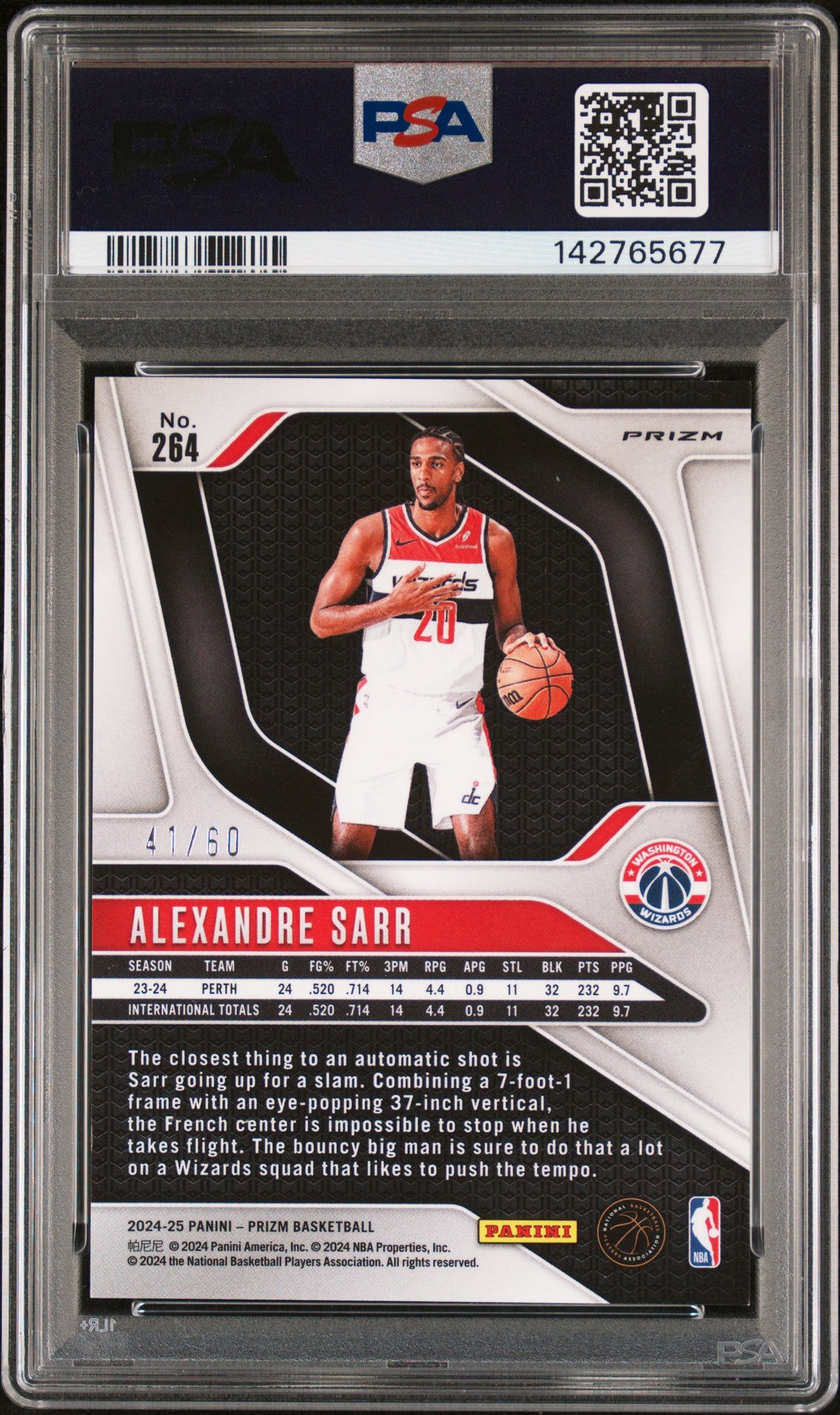 2024 Panini Prizm Alexandre Sarr Orange Wave #264 – PSA 9 — PSA certificate 142765677 — back