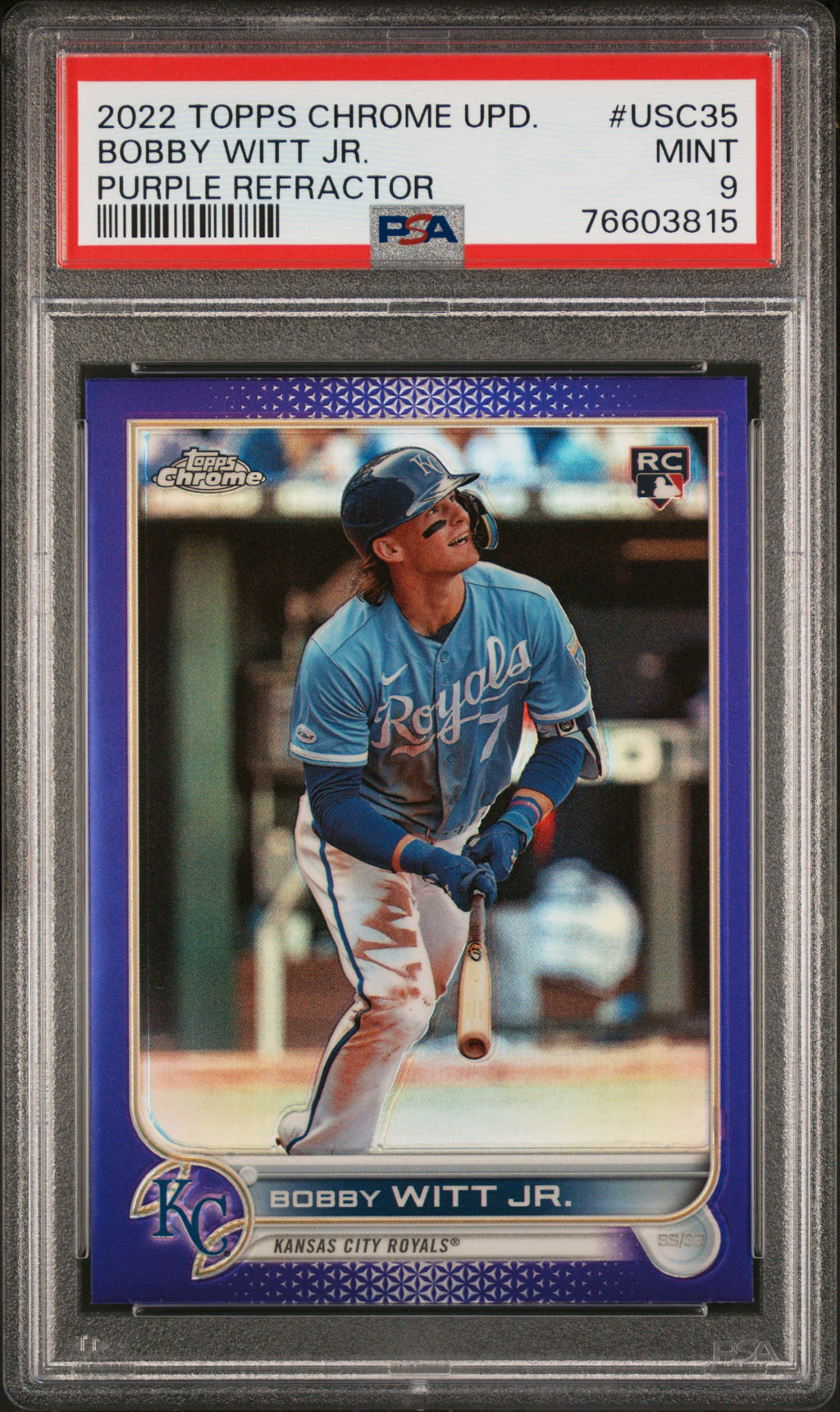 2022 Topps Chrome Update Bobby Witt Jr. Purple Refractor #USC35 — PSA 9 — PSA cert 76603815 — front