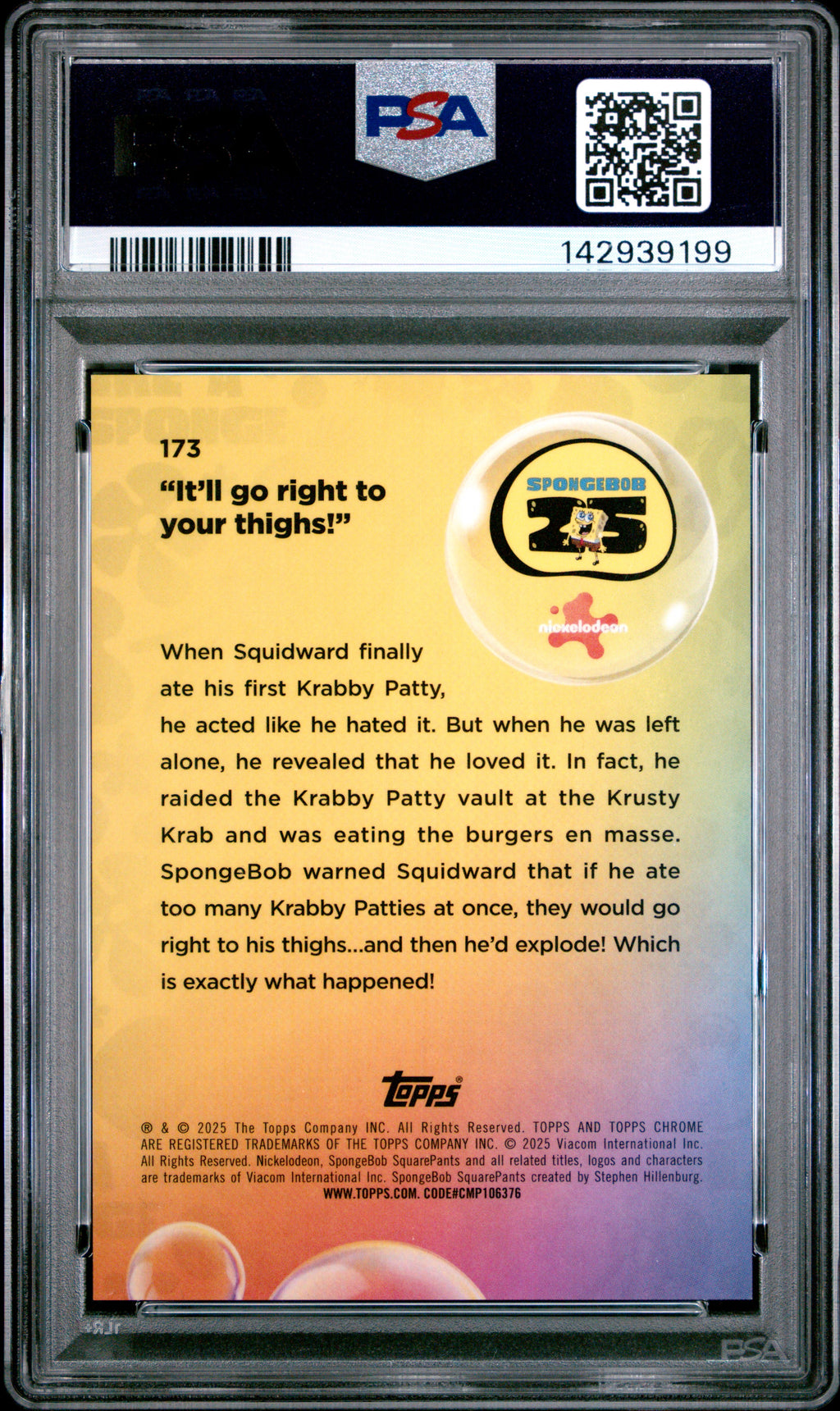 2025 Topps Chrome SpongeBob 25th Anniversary Sapphire Edition "It'll Go Right to Your Thighs!" Gold #173 – PSA 9 — PSA cert 142939199 — back