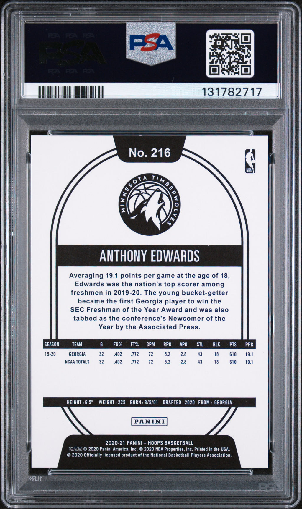2020 Panini Hoops Anthony Edwards Blue Explosion #216 – PSA 10 — PSA cert 131782717 — back
