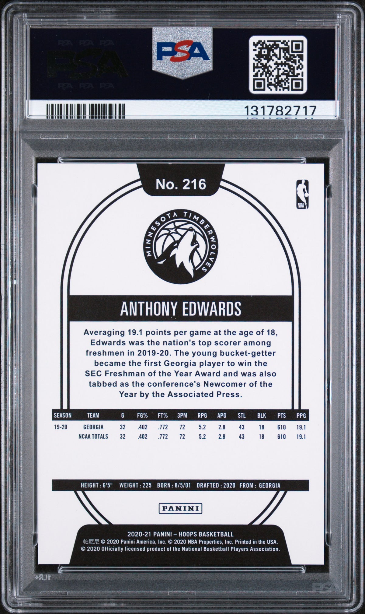 2020 Panini Hoops Anthony Edwards Blue Explosion #216 – PSA 10 — PSA cert 131782717 — back