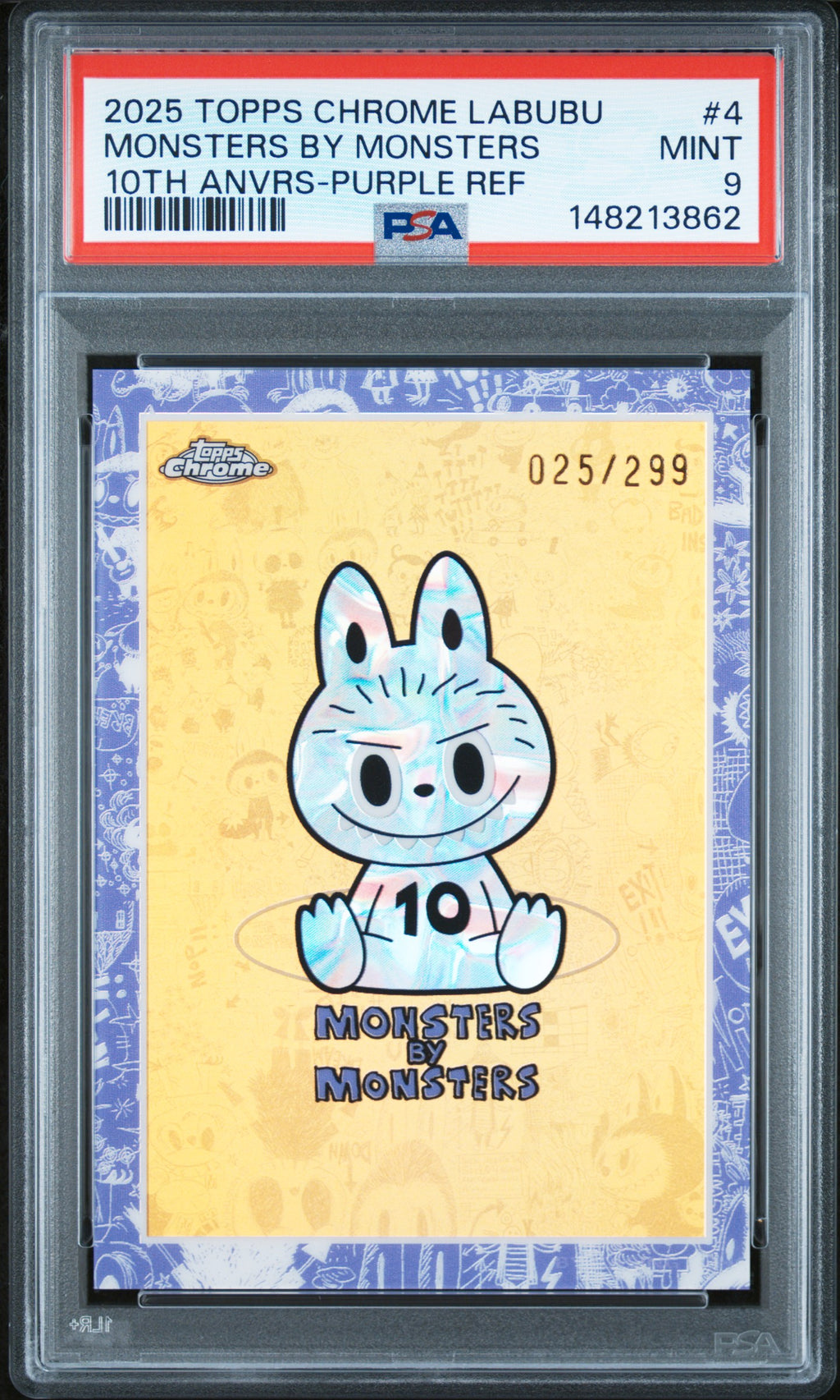 2025 Topps Chrome Labubu 10th Anniversary Monsters by Monsters Purple Refractor #4 – PSA 9 — PSA cert 148213862 — front