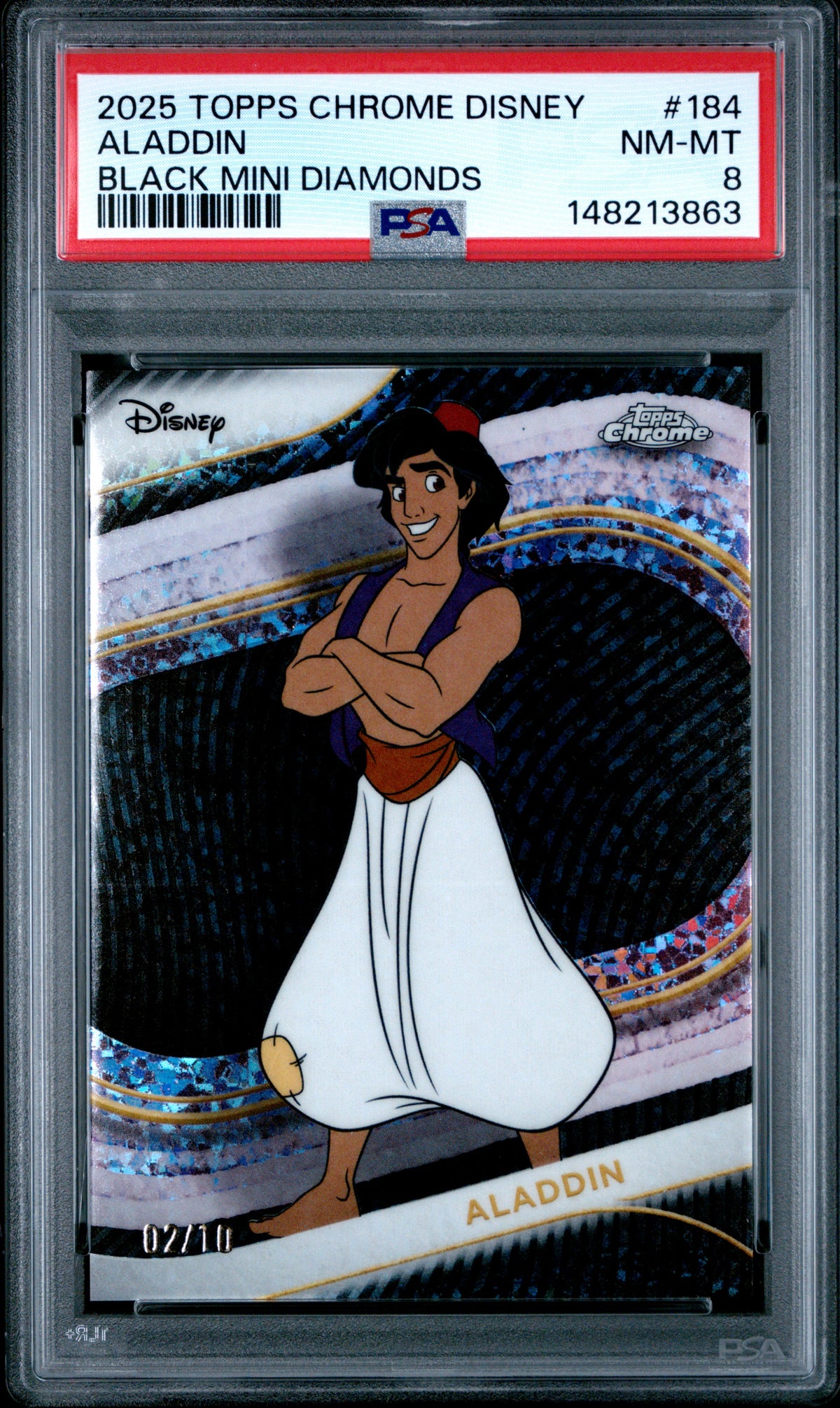 2025 Topps Chrome Disney Aladdin Black Mini Diamonds #184 – PSA 8 — PSA cert 148213863 — front