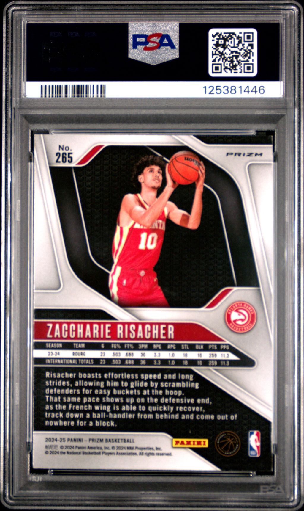 2024 Panini Prizm Zaccharie Risacher Glitter #265 – PSA 9 — PSA certificate 125381446 — back