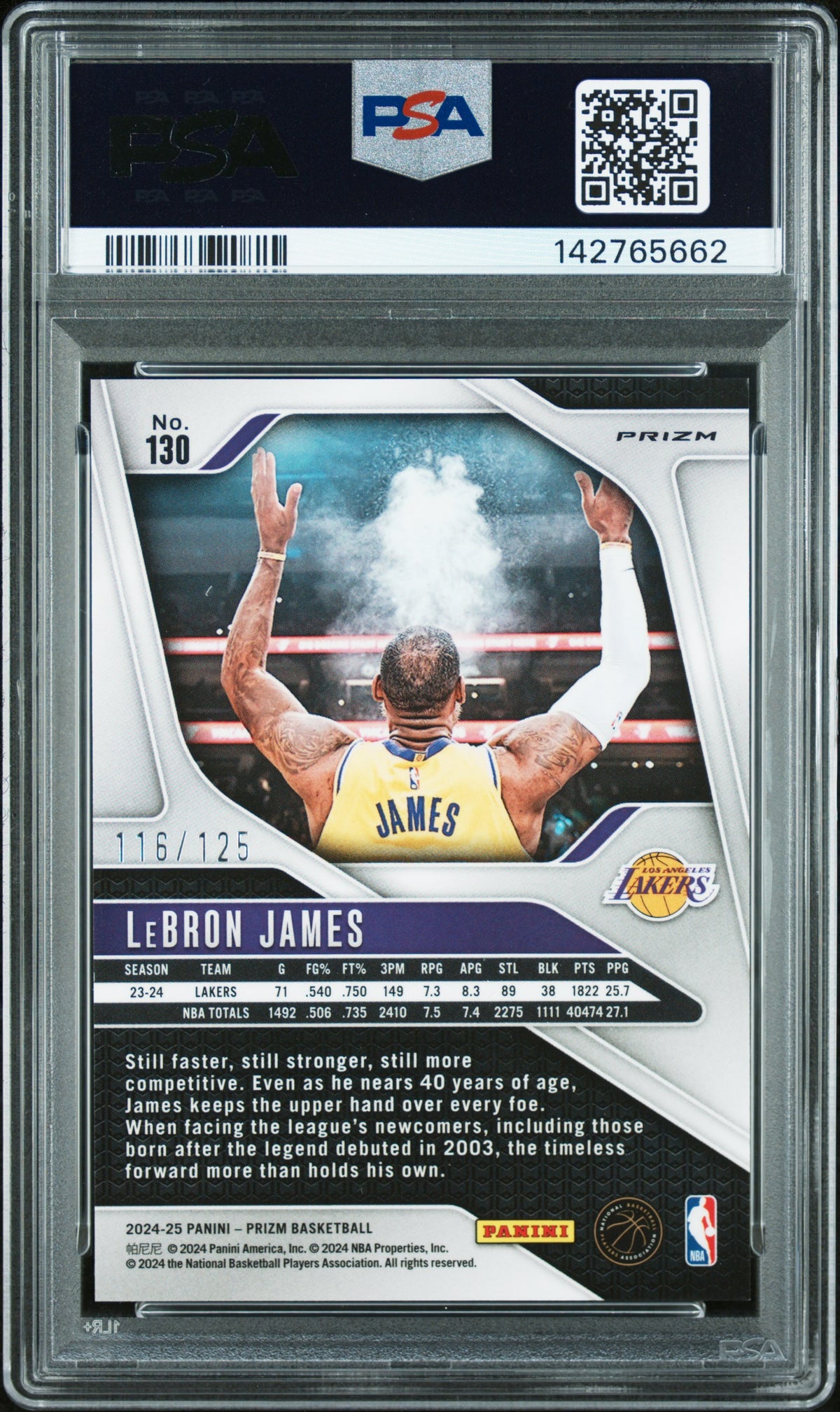 2024 Panini Prizm LeBron James Blue Wave #130 – PSA 9 — PSA cert 142765662 — back