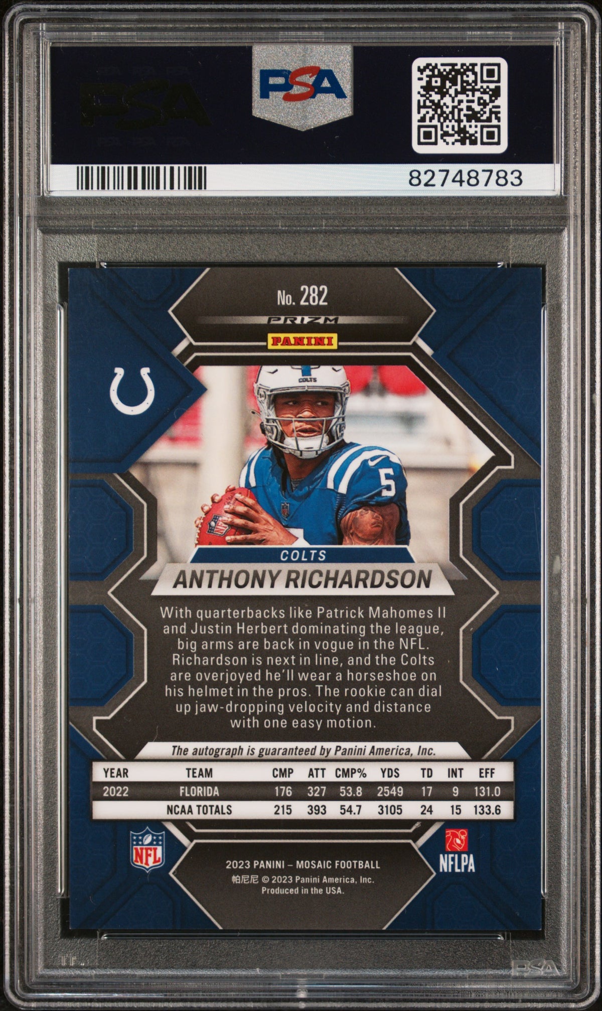 2023 Panini Mosaic Anthony Richardson Autograph #282 — PSA 9 — Auto Authentic — PSA cert 82748783 — back