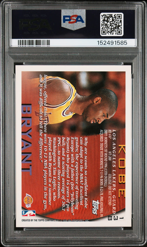 1996 Topps Kobe Bryant #138 – PSA 9 — PSA cert 152491585 — back