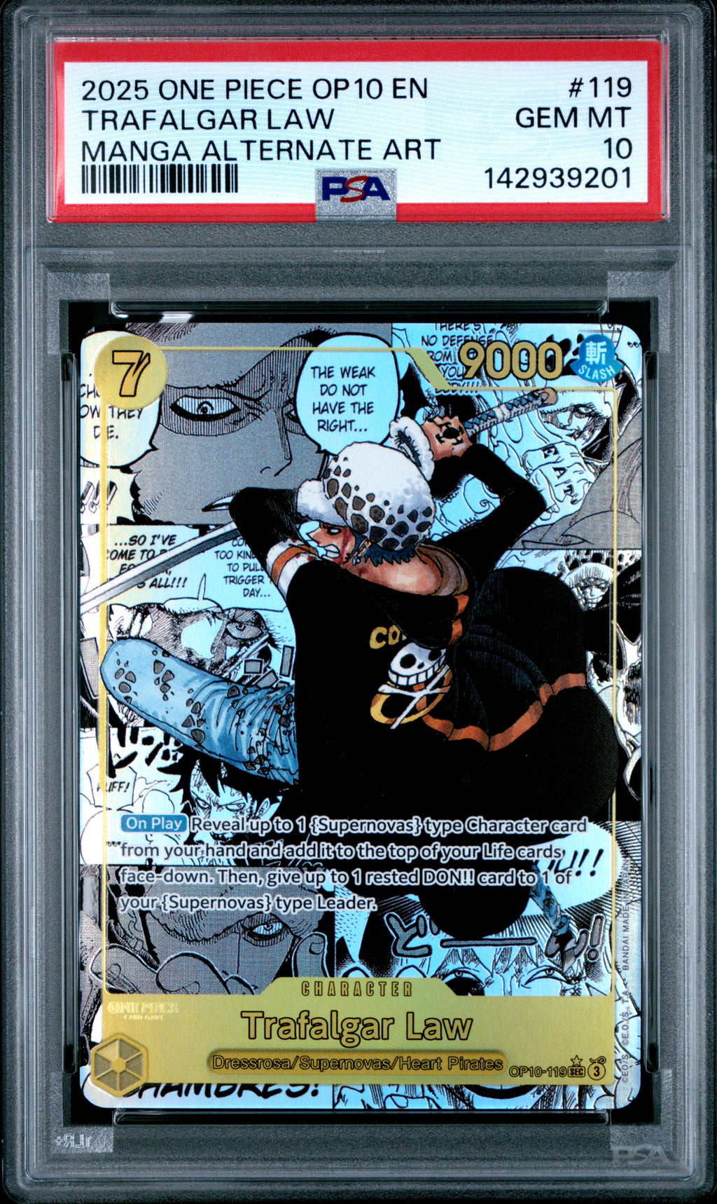 2025 One Piece Trafalgar Law Manga Alternate Art OP10-119 – PSA 10 — PSA cert 142939201 — front