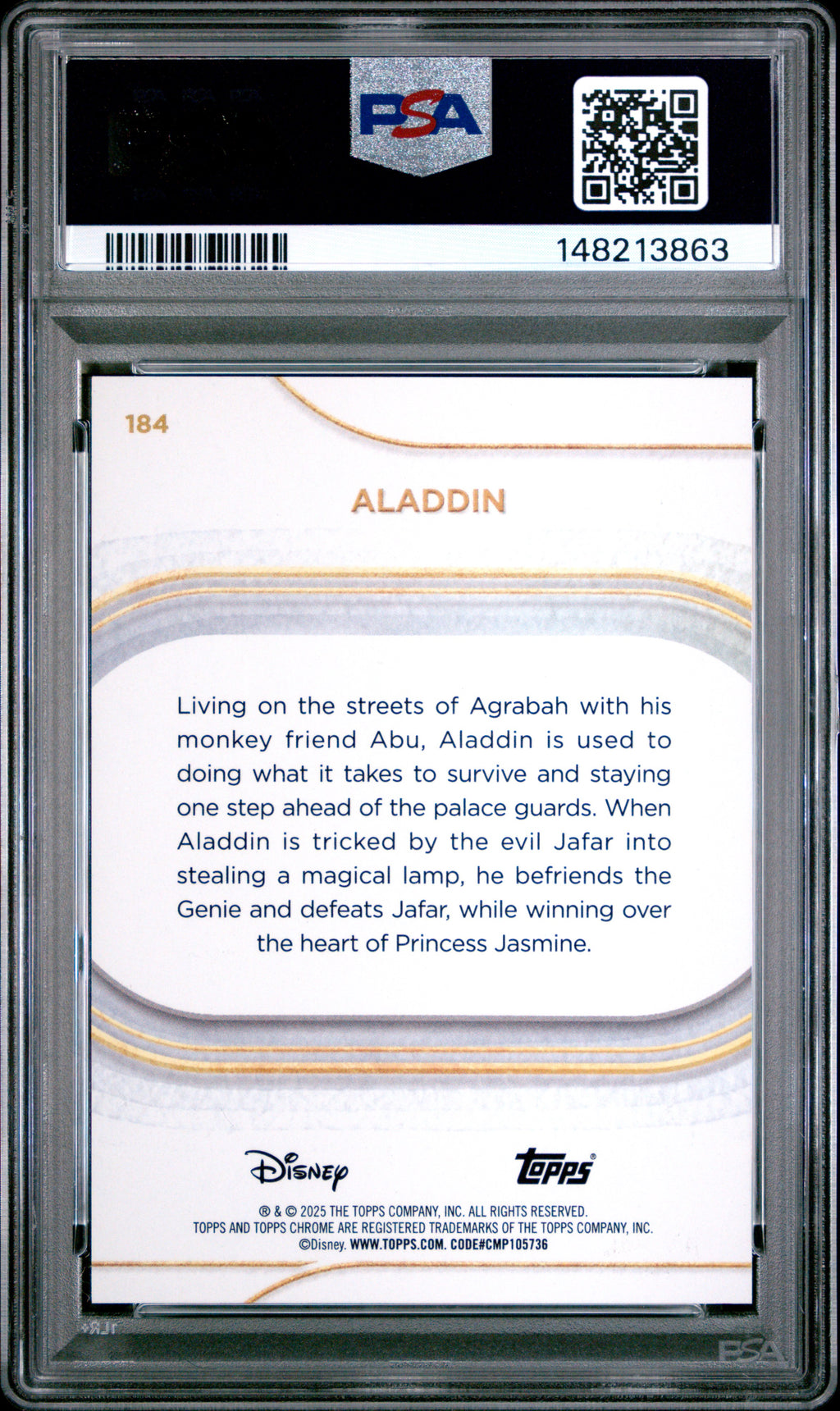 2025 Topps Chrome Disney Aladdin Black Mini Diamonds #184 – PSA 8 — PSA cert 148213863 — back