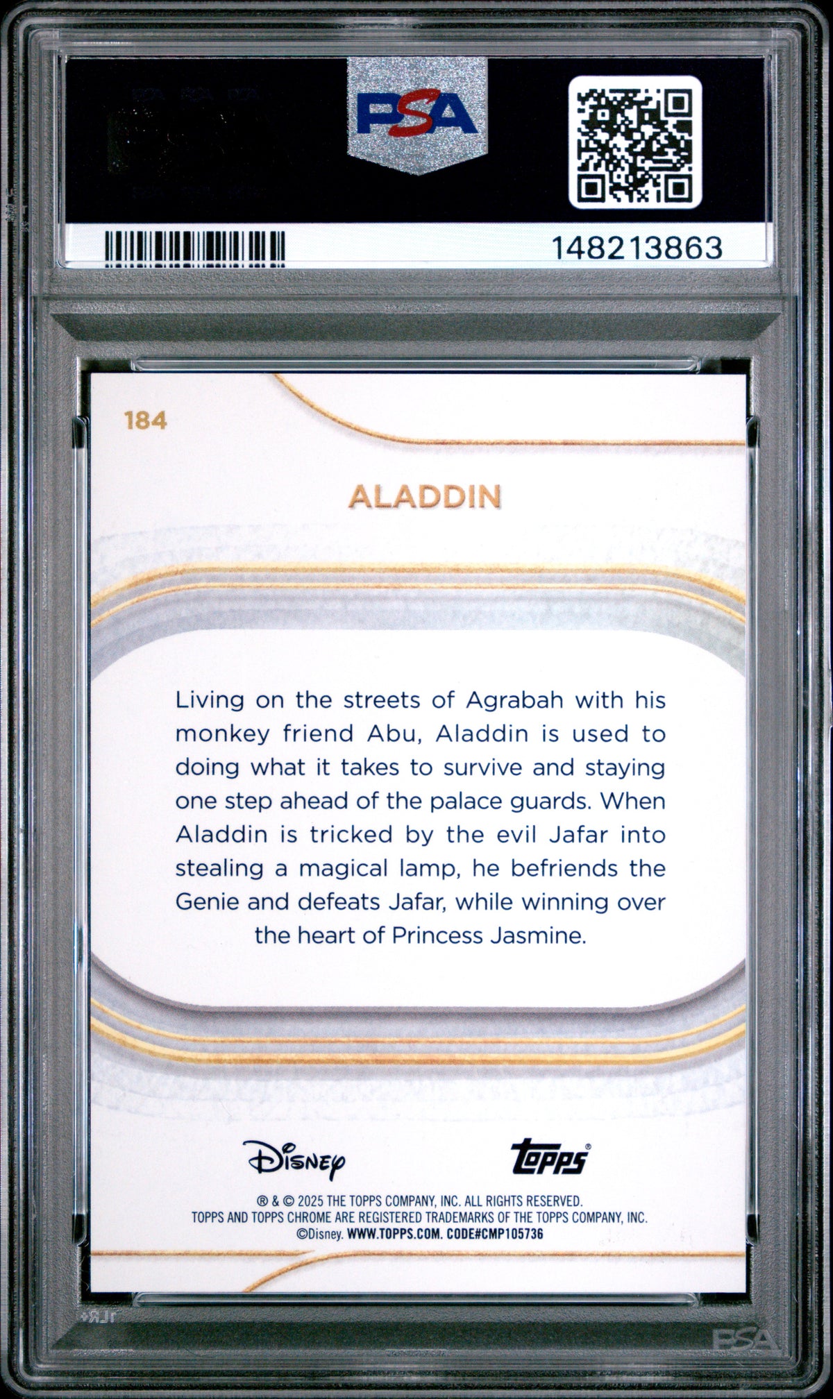 2025 Topps Chrome Disney Aladdin Black Mini Diamonds #184 – PSA 8 — PSA cert 148213863 — back
