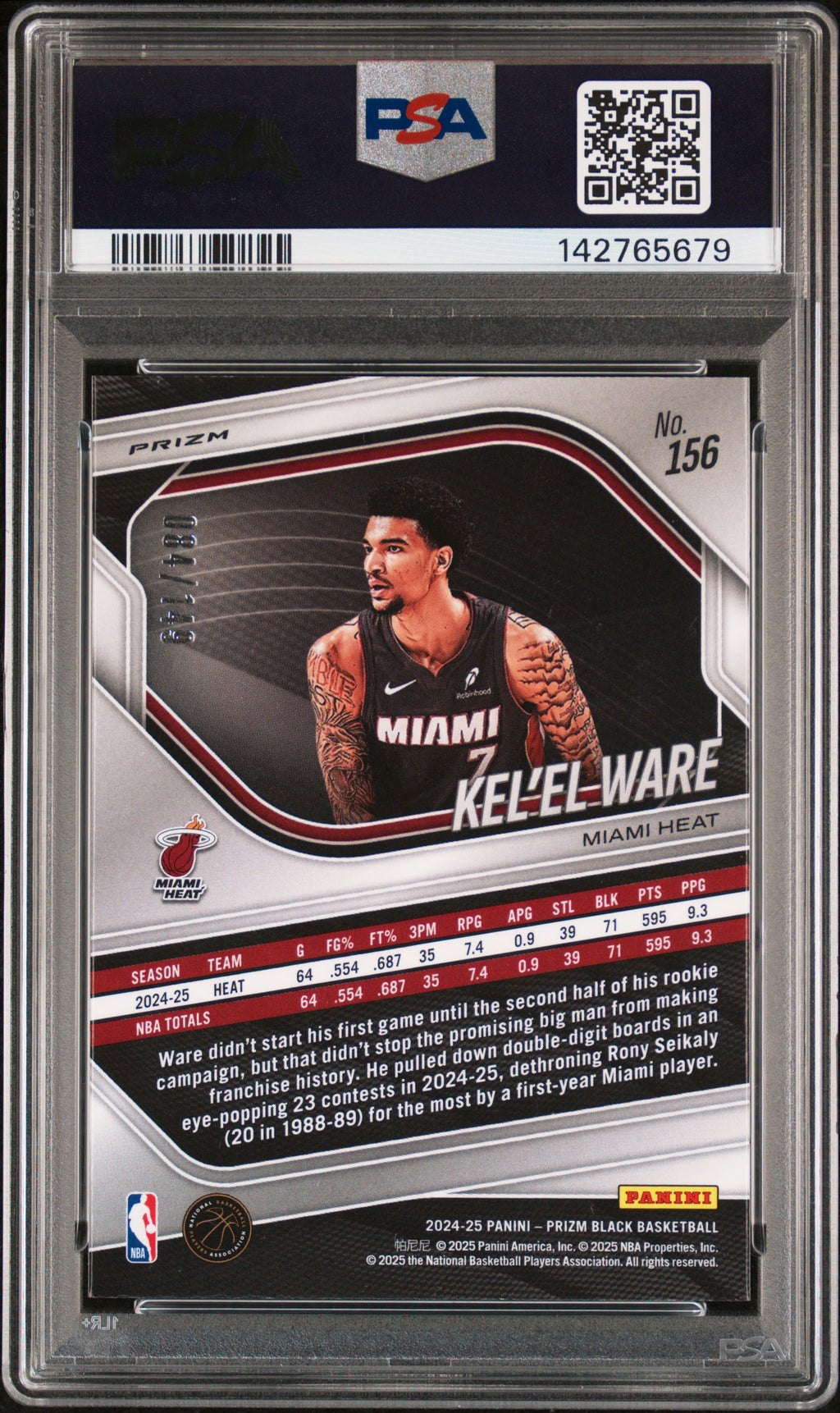 2024 Panini Prizm Black Kel'el Ware Purple Ice #156 – PSA 10 — PSA certificate 142765679 — back