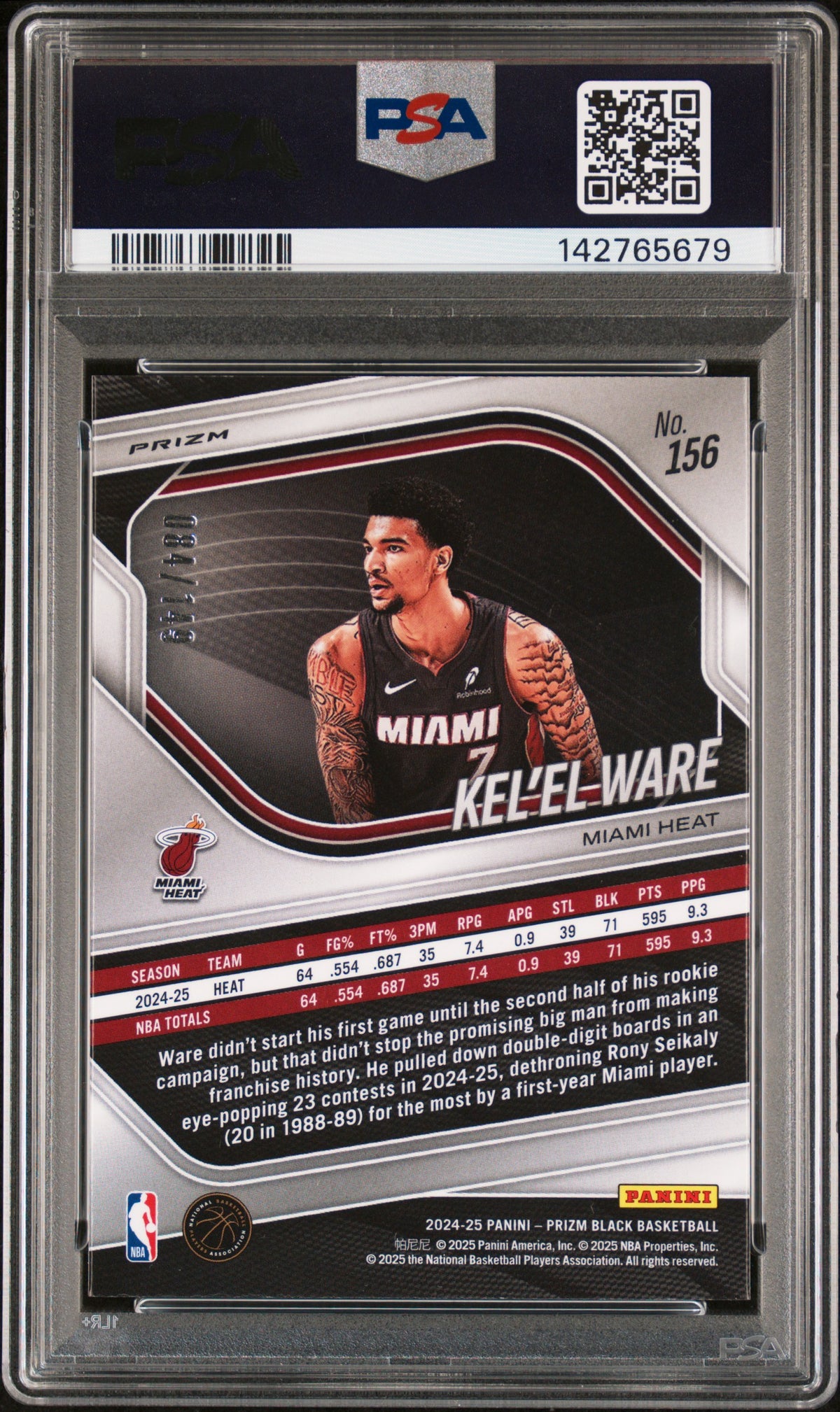 2024 Panini Prizm Black Kel'el Ware Purple Ice #156 – PSA 10 — PSA certificate 142765679 — back