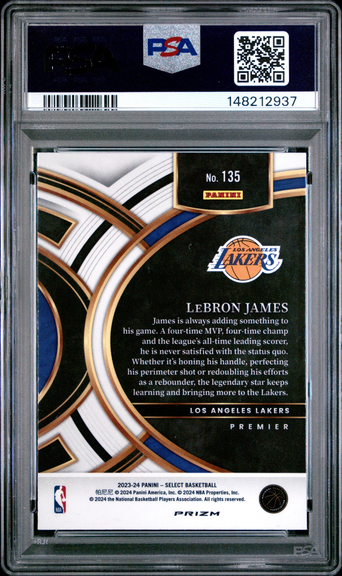 2023 Panini Select LeBron James Zebra Prizm #135 – PSA 10 — PSA cert 148212937 — back