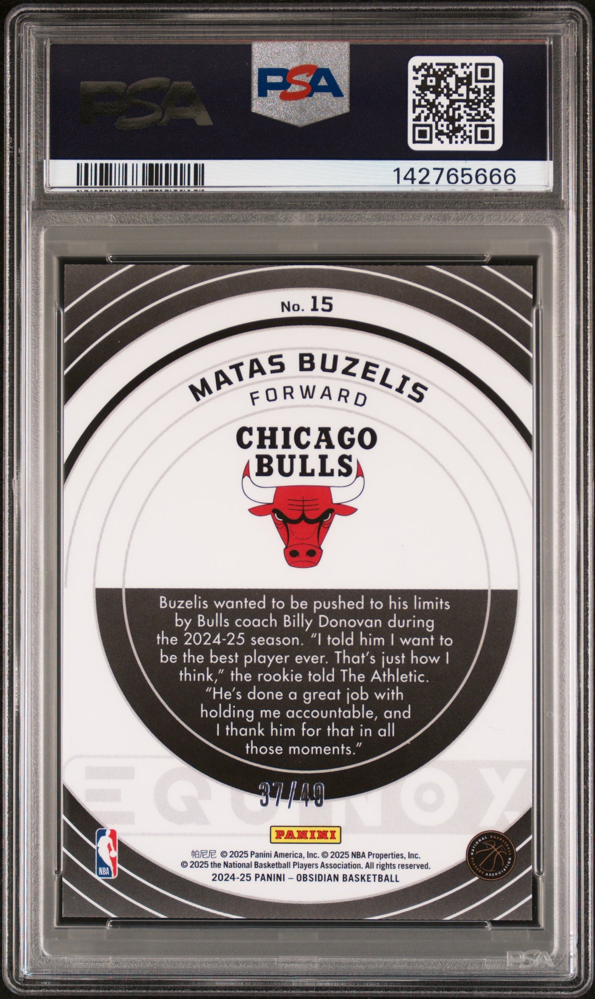 2024 Panini Obsidian Equinox Matas Buzelis Electric Etch Pink Flood #15 – PSA 10 — PSA cert 142765666 — back