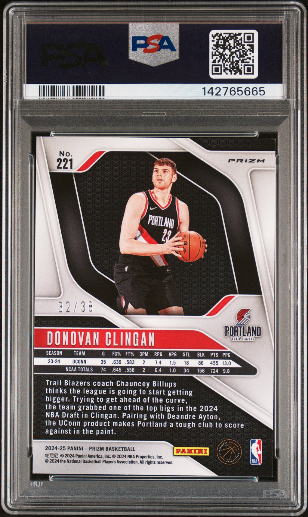 2024 Panini Prizm Donovan Clingan White Wave #221 – PSA 9 — PSA certificate 142765665 — back