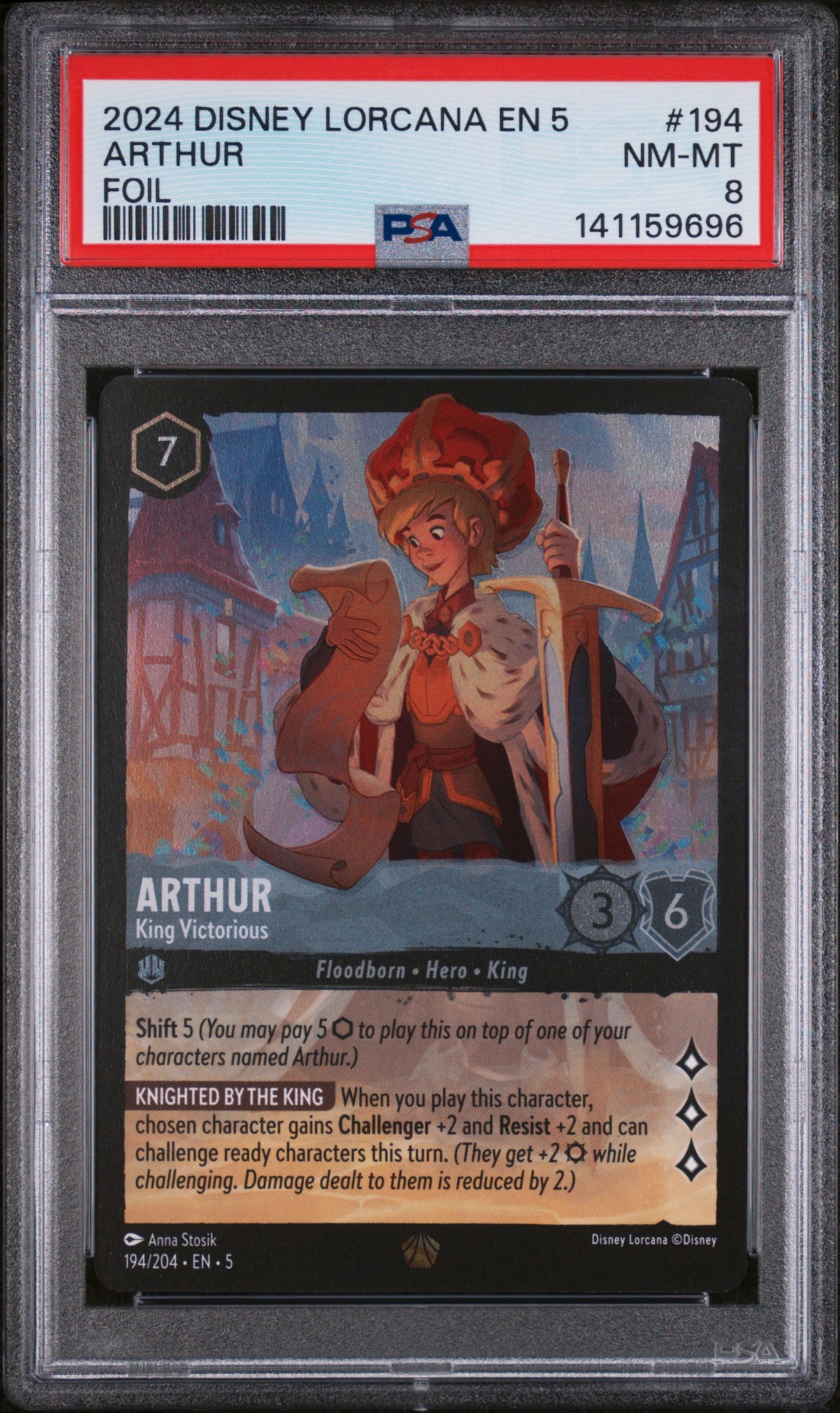 2024 Disney Lorcana Shimmering Skies Arthur - King Victorious Foil #194 – PSA 8 — PSA cert 141159696 — front