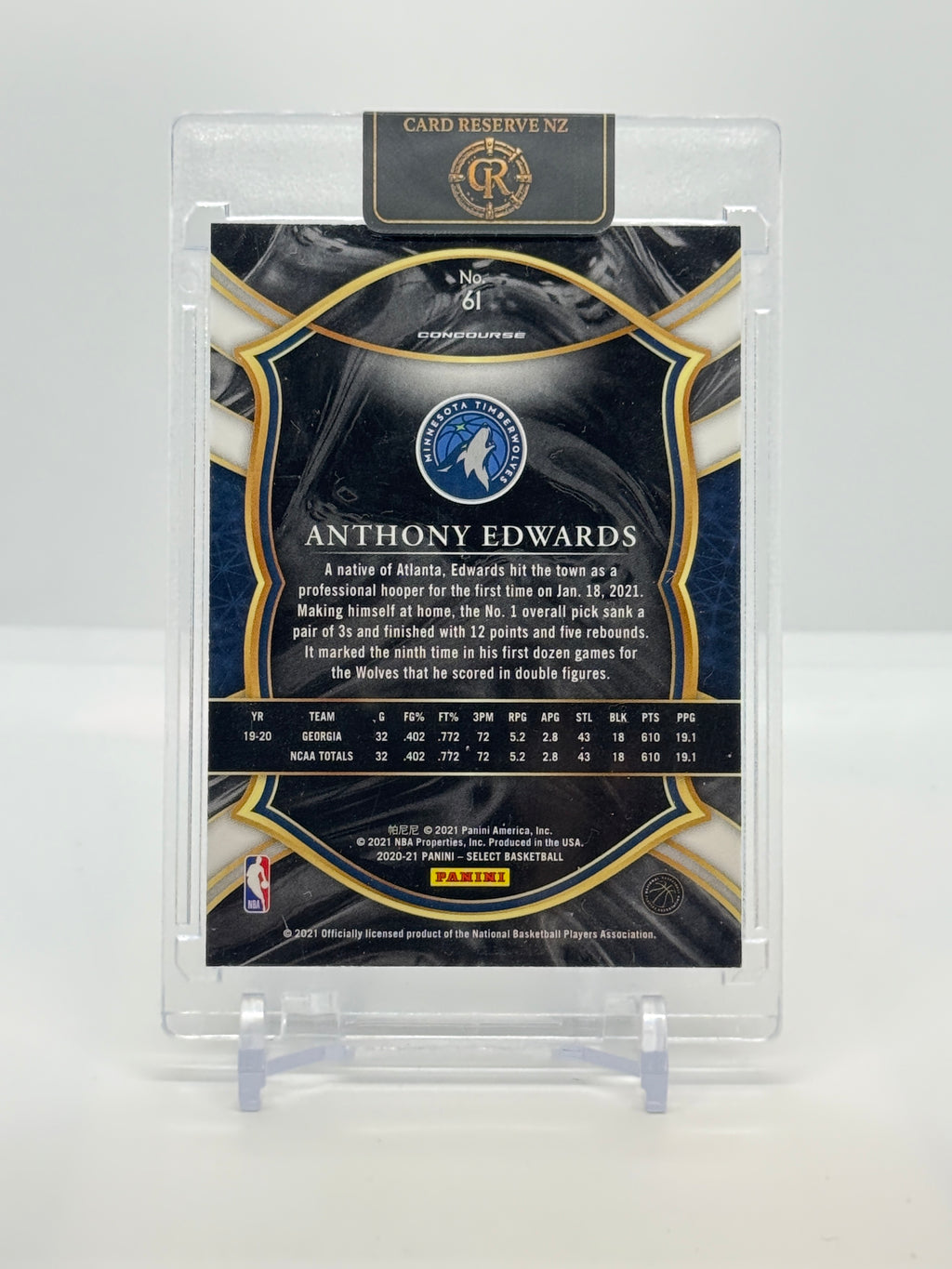 2020-21 Panini Select Anthony Edwards #61 — Concourse - Retail Blue Base Rookie back