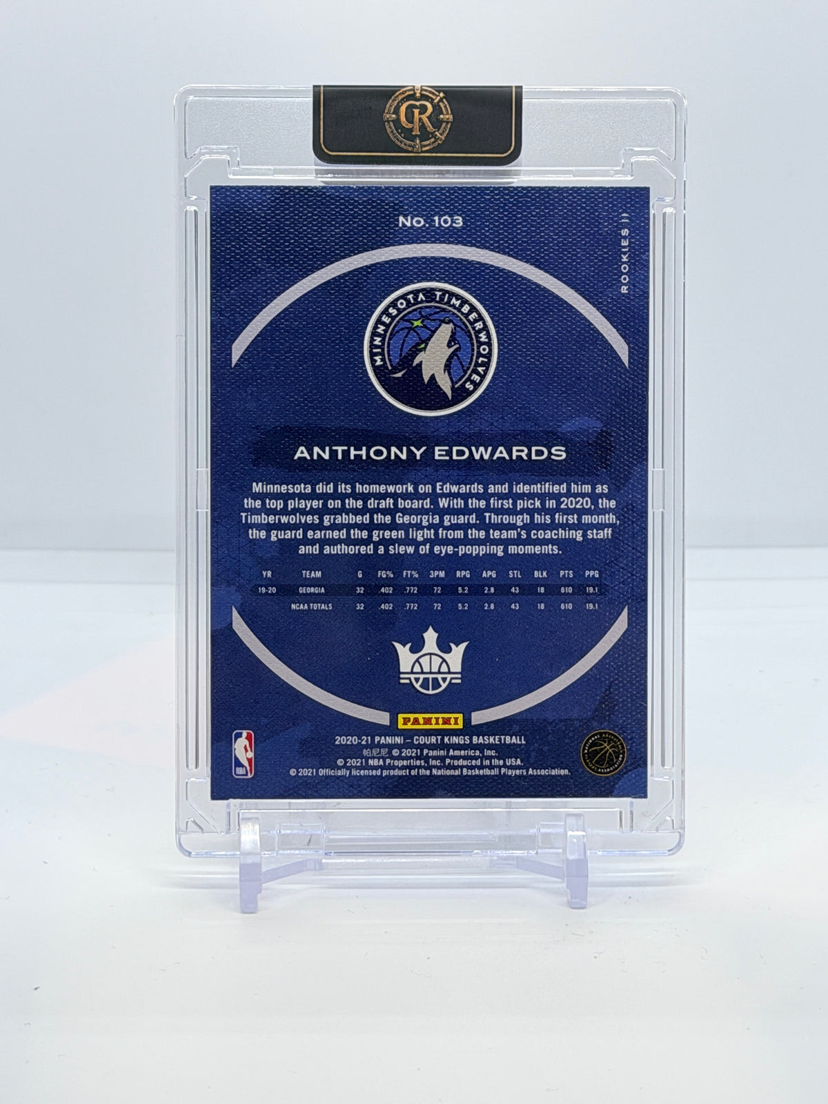 Anthony Edwards Panini Court Kings Rookies Level II back - actual card