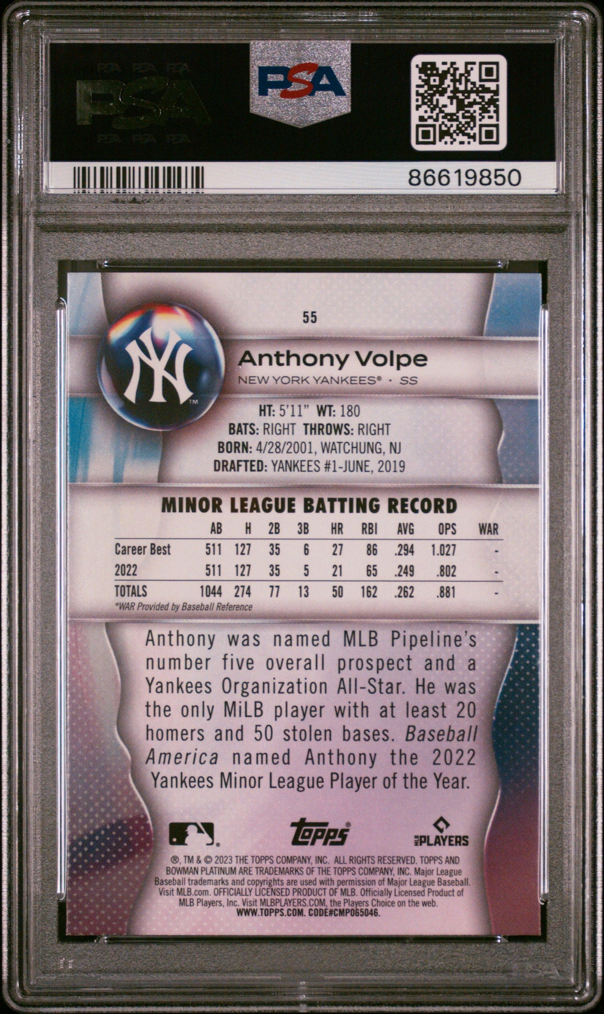 Anthony Volpe PSA 10 cert 86619850 back
