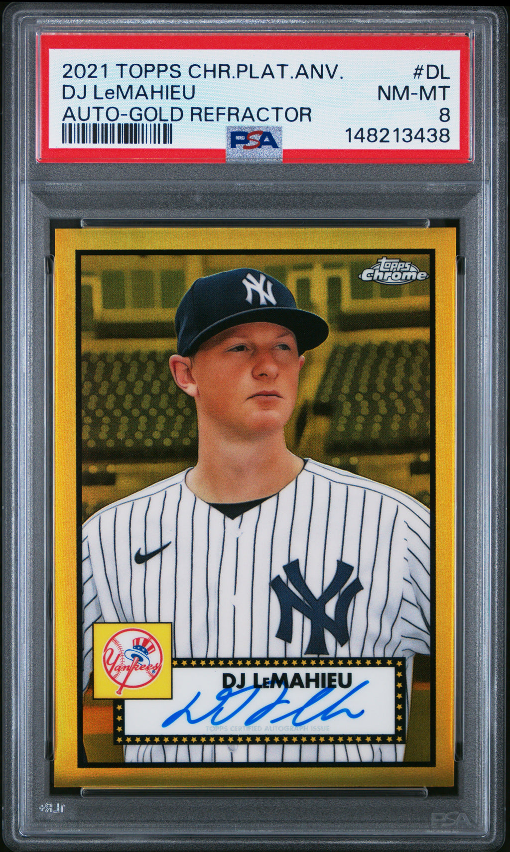 2021 Topps Chrome Platinum Anniversary Autographs DJ LeMahieu Gold Refractor #DL — PSA 8 — PSA cert 148213438 — front