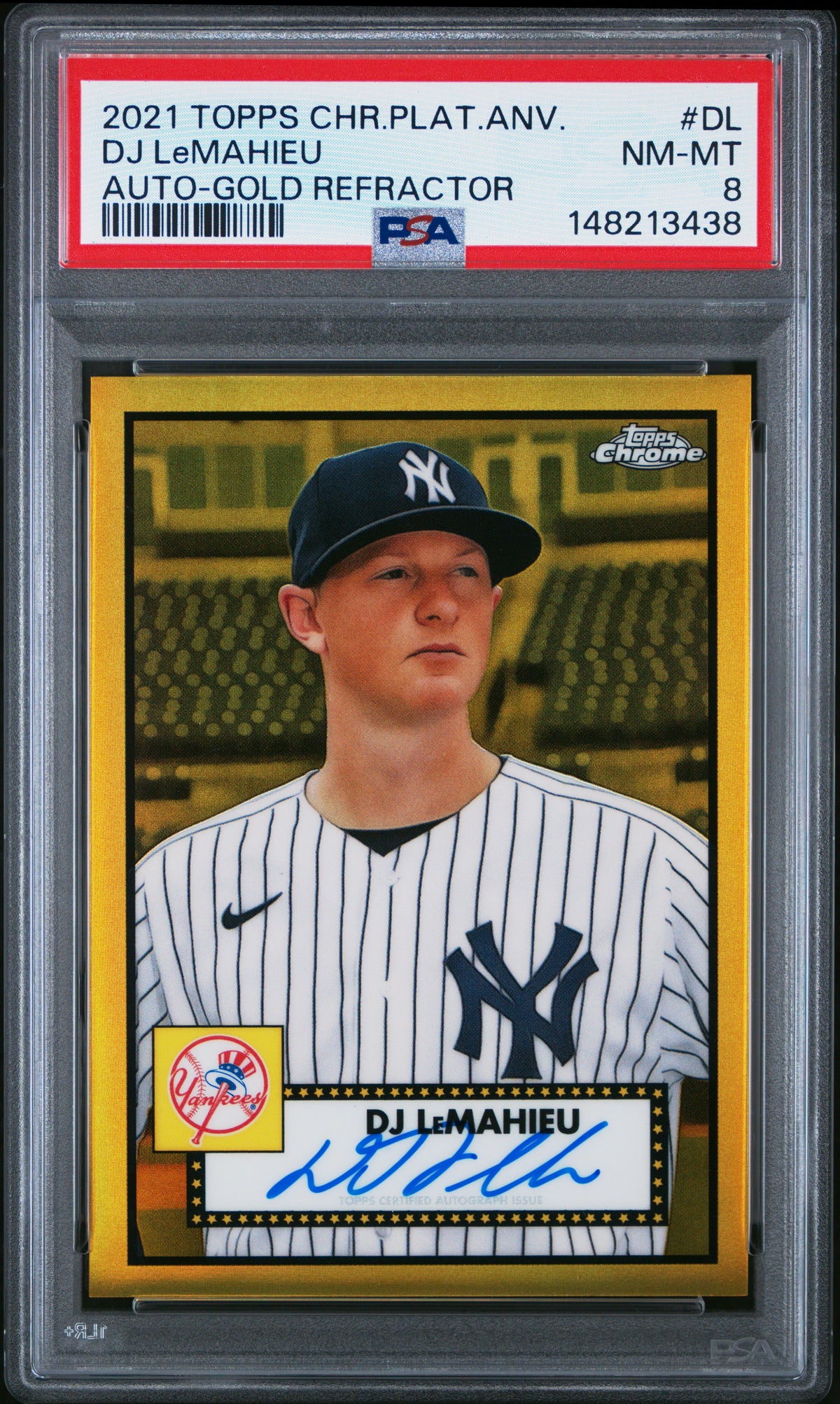 2021 Topps Chrome Platinum Anniversary Autographs DJ LeMahieu Gold Refractor #DL — PSA 8 — PSA cert 148213438 — front