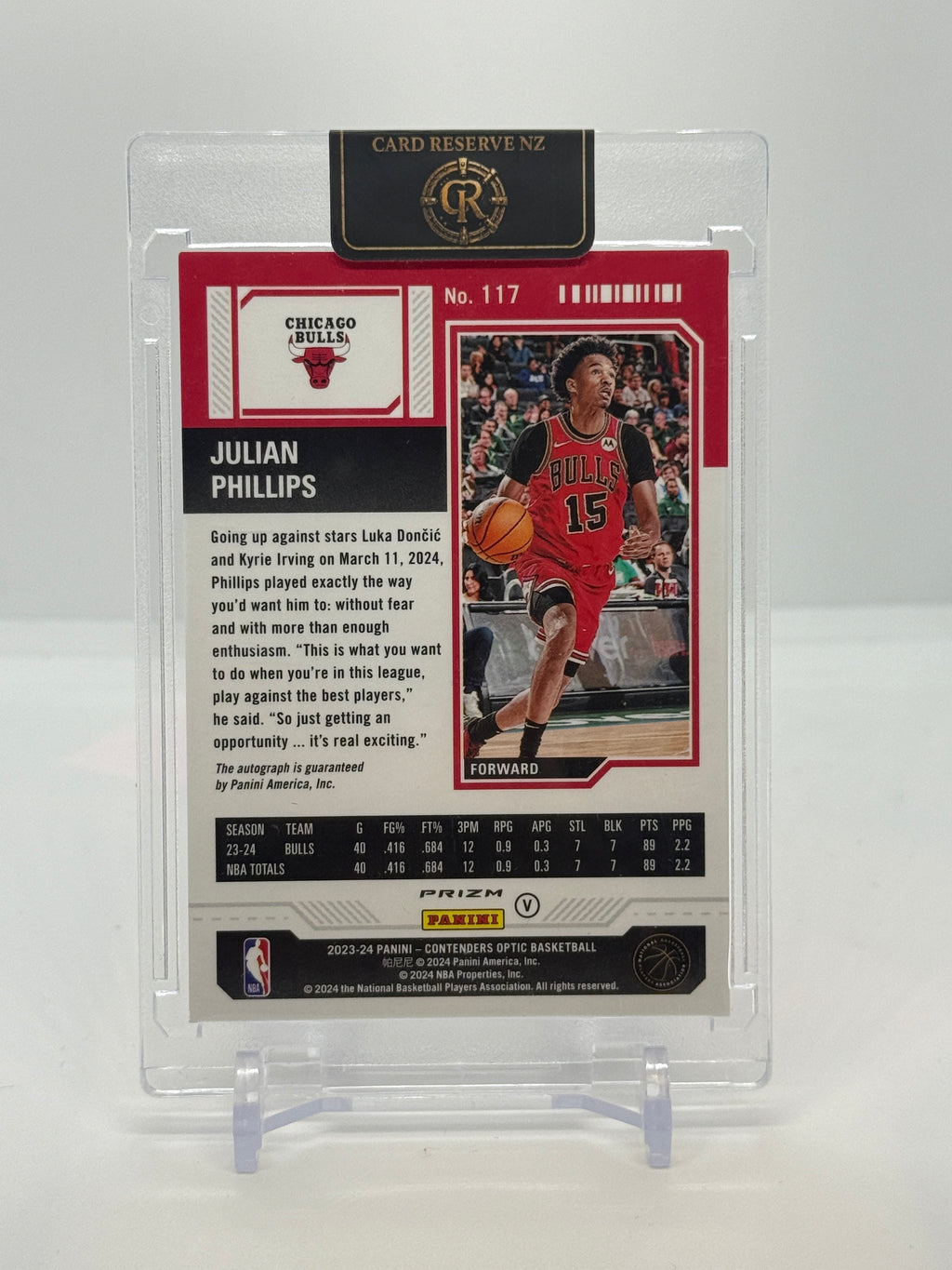 2023-24 Panini Contenders Optic Julian Phillips Rookie Ticket Variation International Red Autograph #117 — Raw — back