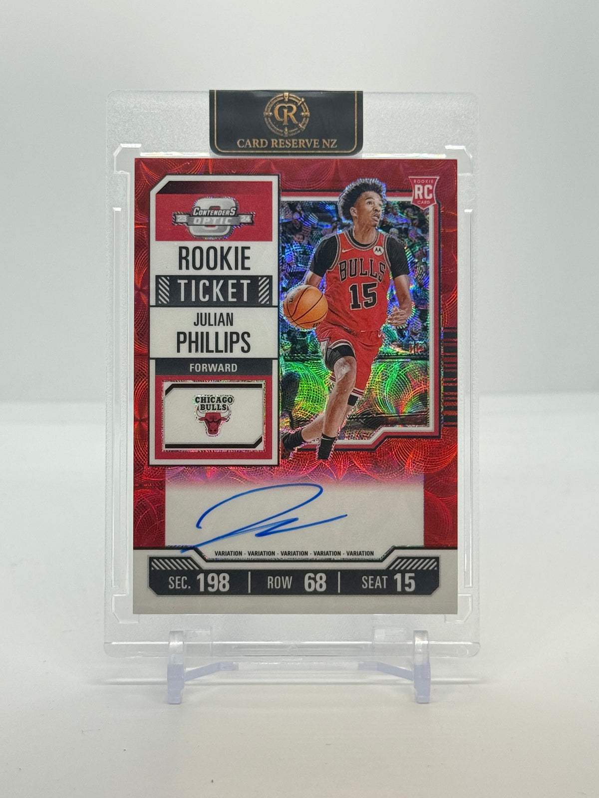 2023-24 Panini Contenders Optic Julian Phillips Rookie Ticket Variation International Red Autograph #117 — Raw — front