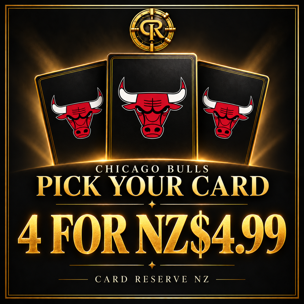 CHICAGO BULLS Pick Your Card — 4 for NZ$4.99 — three logo card backs with Card Reserve NZ vault branding