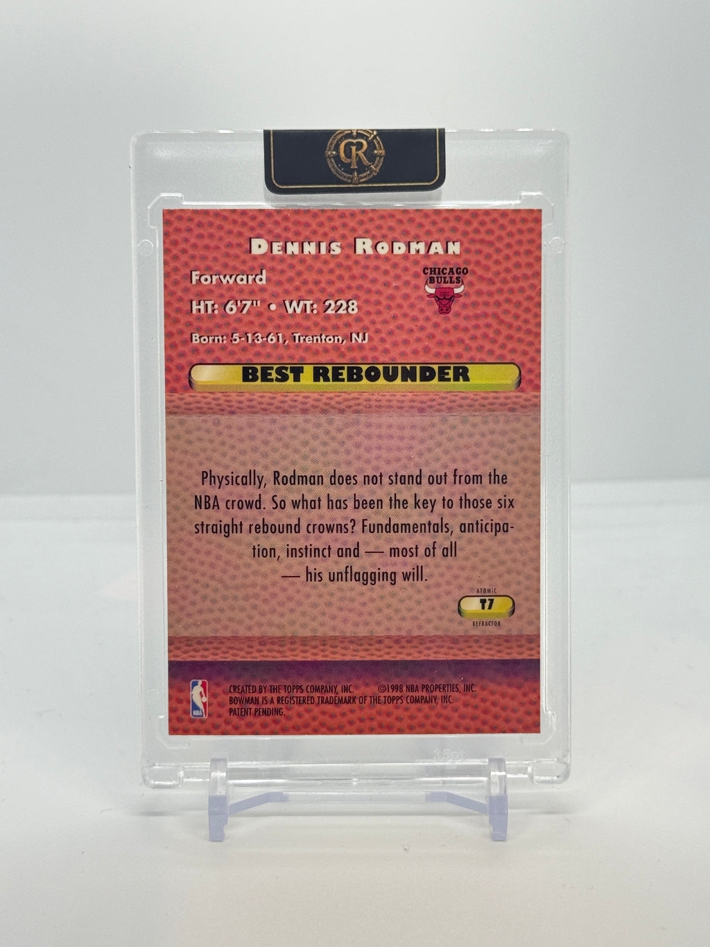 1997-98 Bowman's Best Dennis Rodman Best Techniques Atomic Refractor T7 — Raw — back