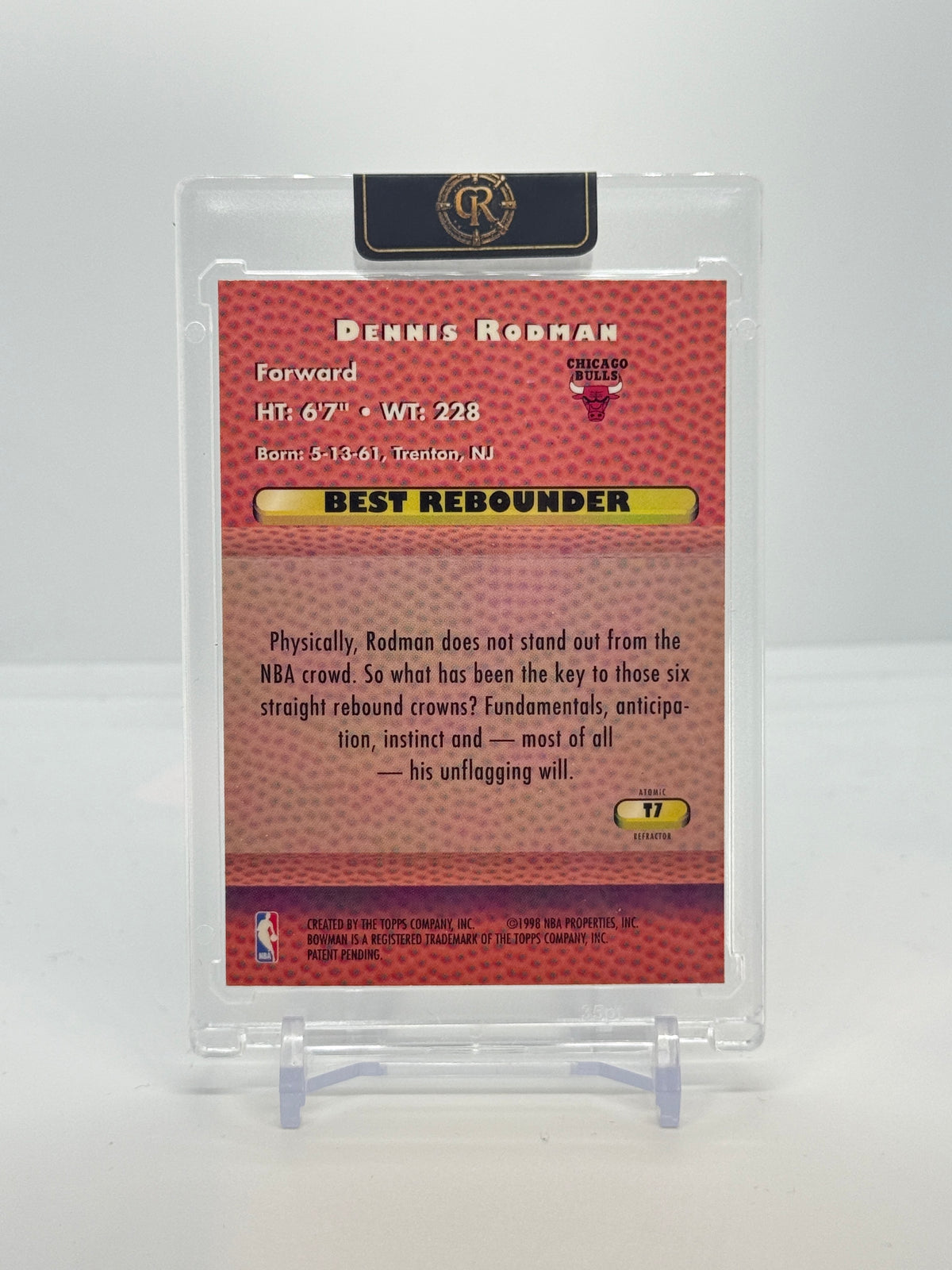 1997-98 Bowman's Best Dennis Rodman Best Techniques Atomic Refractor T7 — Raw — back