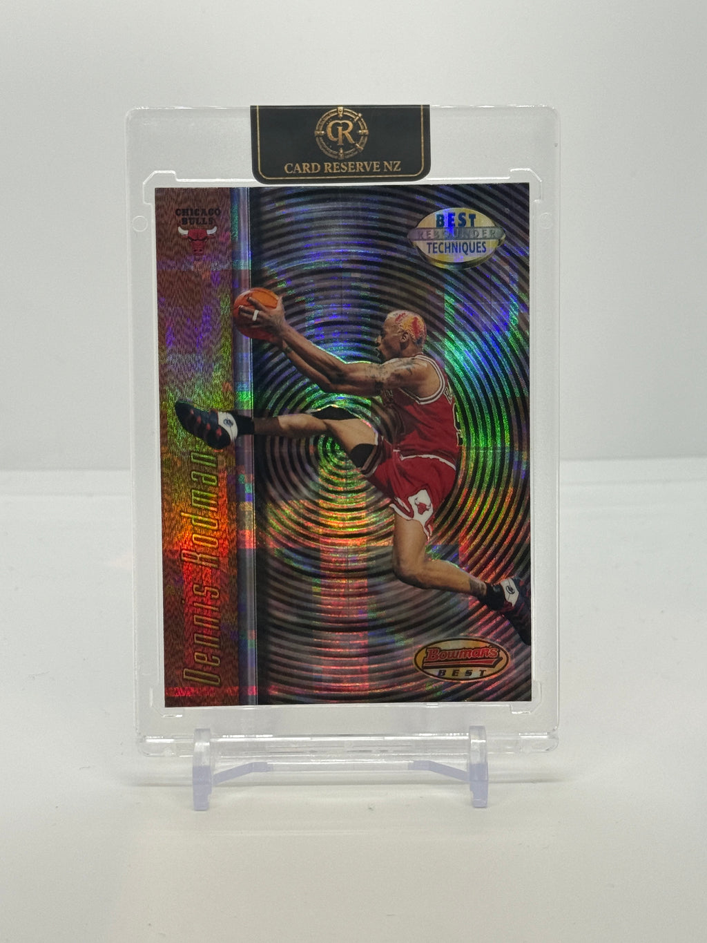 1997-98 Bowman's Best Dennis Rodman Best Techniques Atomic Refractor T7 — Raw — front