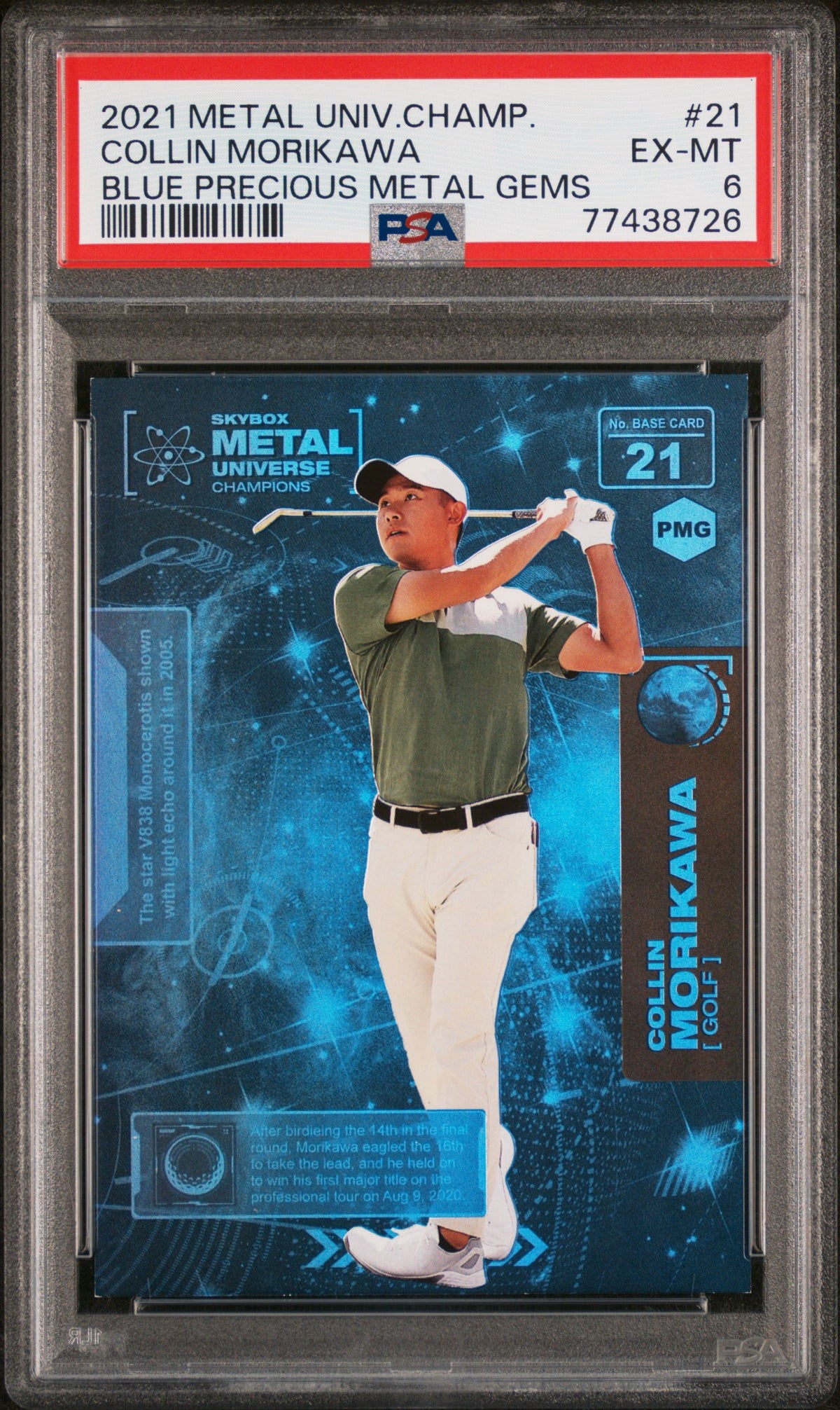 2021 Skybox Metal Universe Champions Collin Morikawa Blue Precious Metal Gems #21 — PSA 6 — front