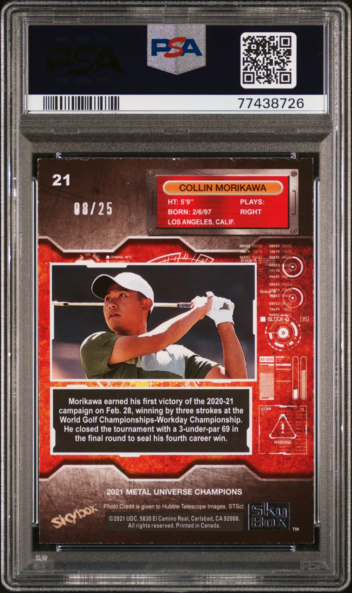 2021 Skybox Metal Universe Champions Collin Morikawa Blue Precious Metal Gems #21 — PSA 6 — reverse
