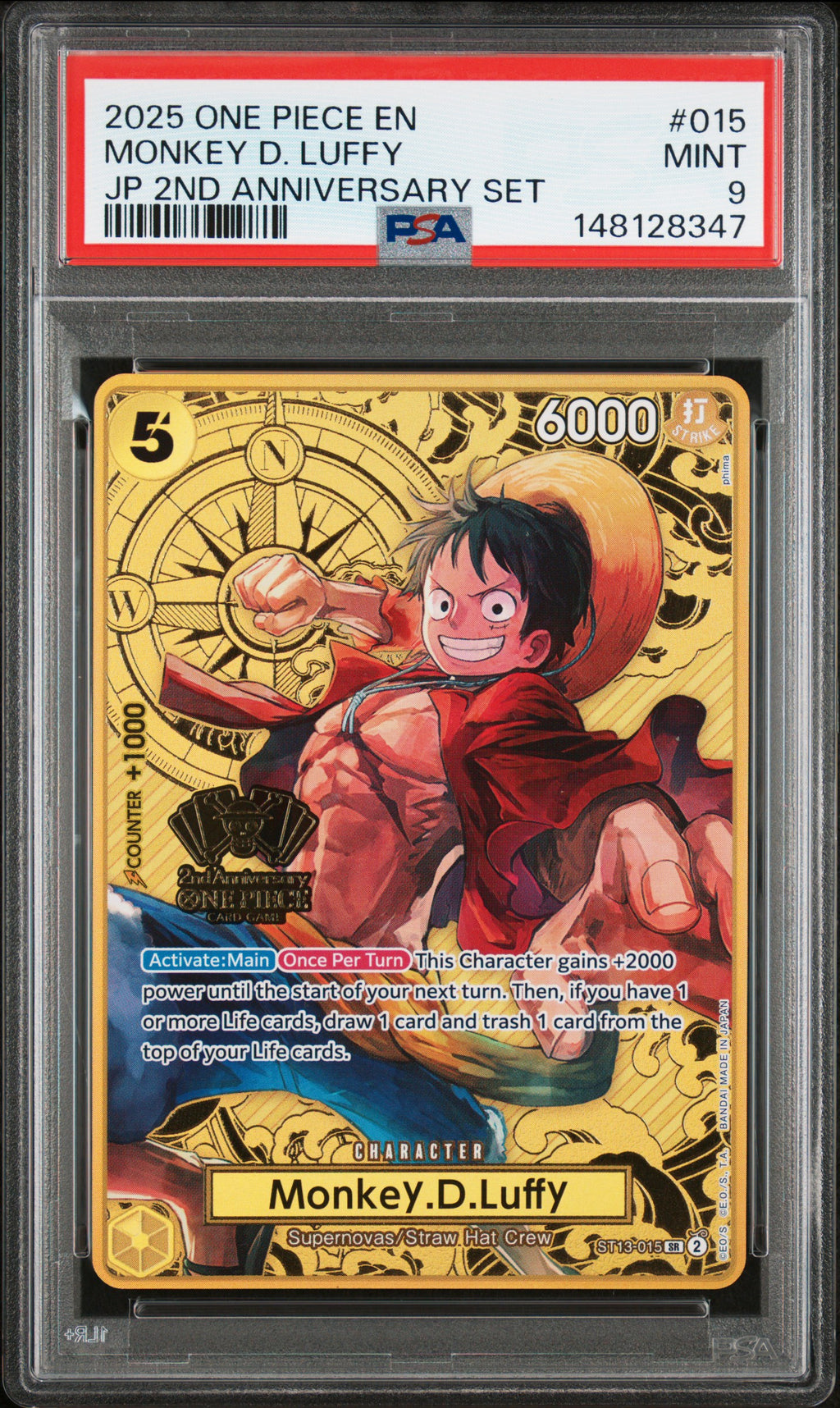 2025 One Piece Japanese 2nd Anniversary Set Monkey D. Luffy #015 — PSA 9 — front