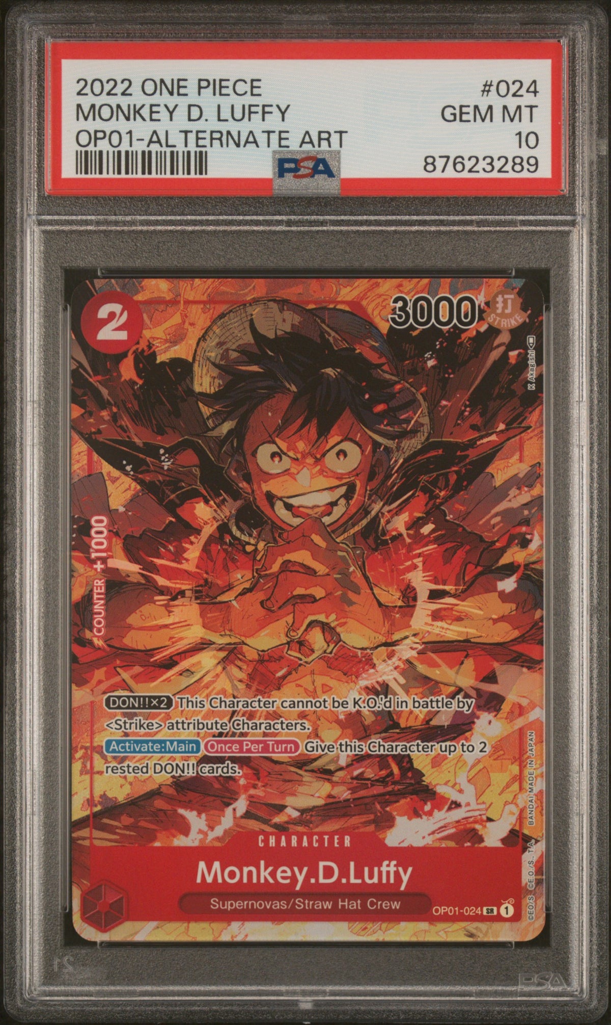 2022 One Piece Romance Dawn Monkey D. Luffy Alternate Art OP01-024 — PSA 10 — front