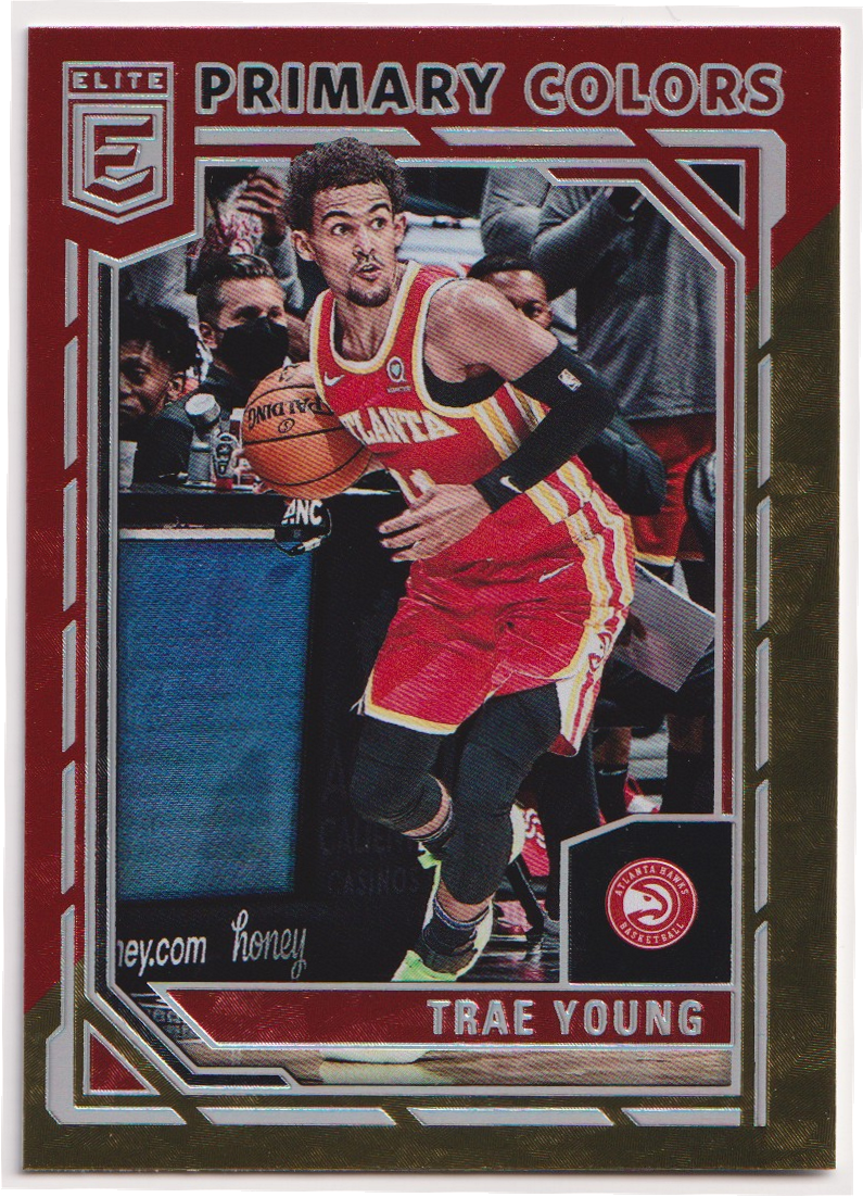05 2021-22 Panini Donruss Elite Trae Young Primary Colors Asia Red & Gold #9 - 2021-22 Panini Donruss Elite Trae Young Primary Colors Asia Red & Gold #9 — actual card front scan