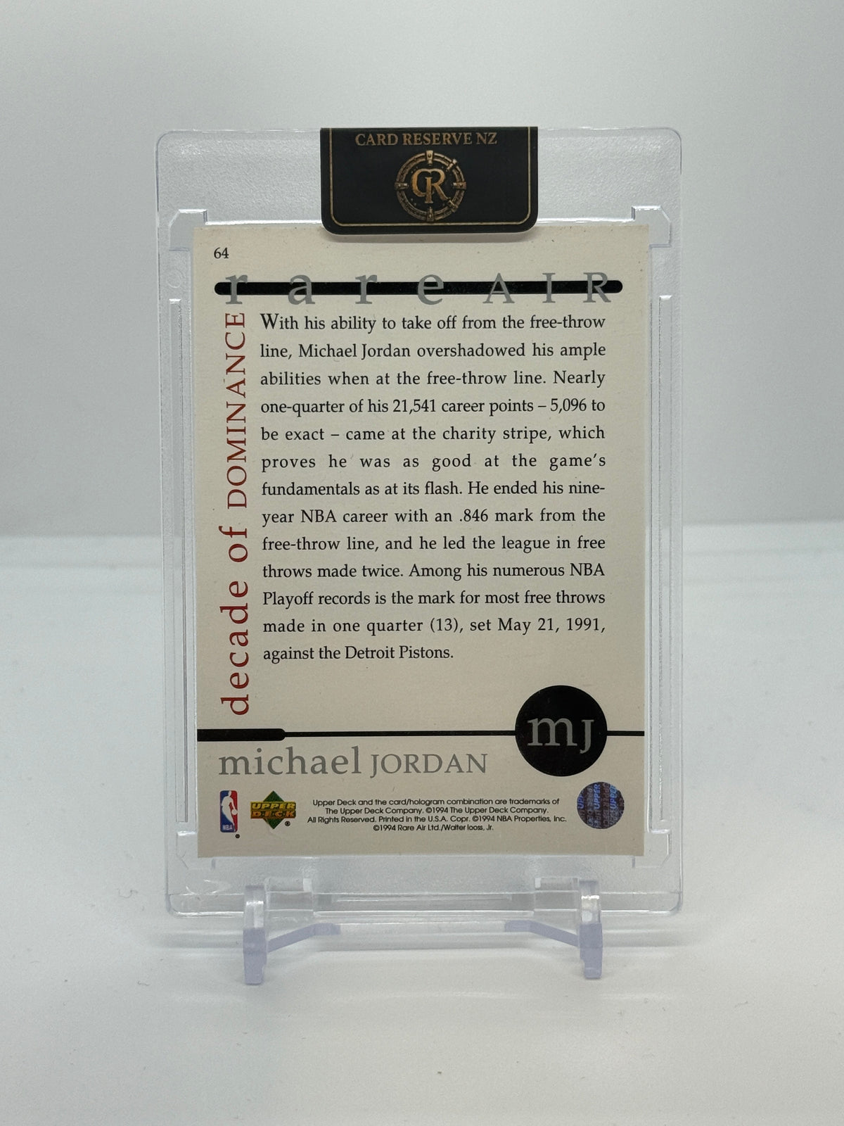 1994 Upper Deck Rare Air Michael Jordan Decade of Dominance #64 — Raw actual back