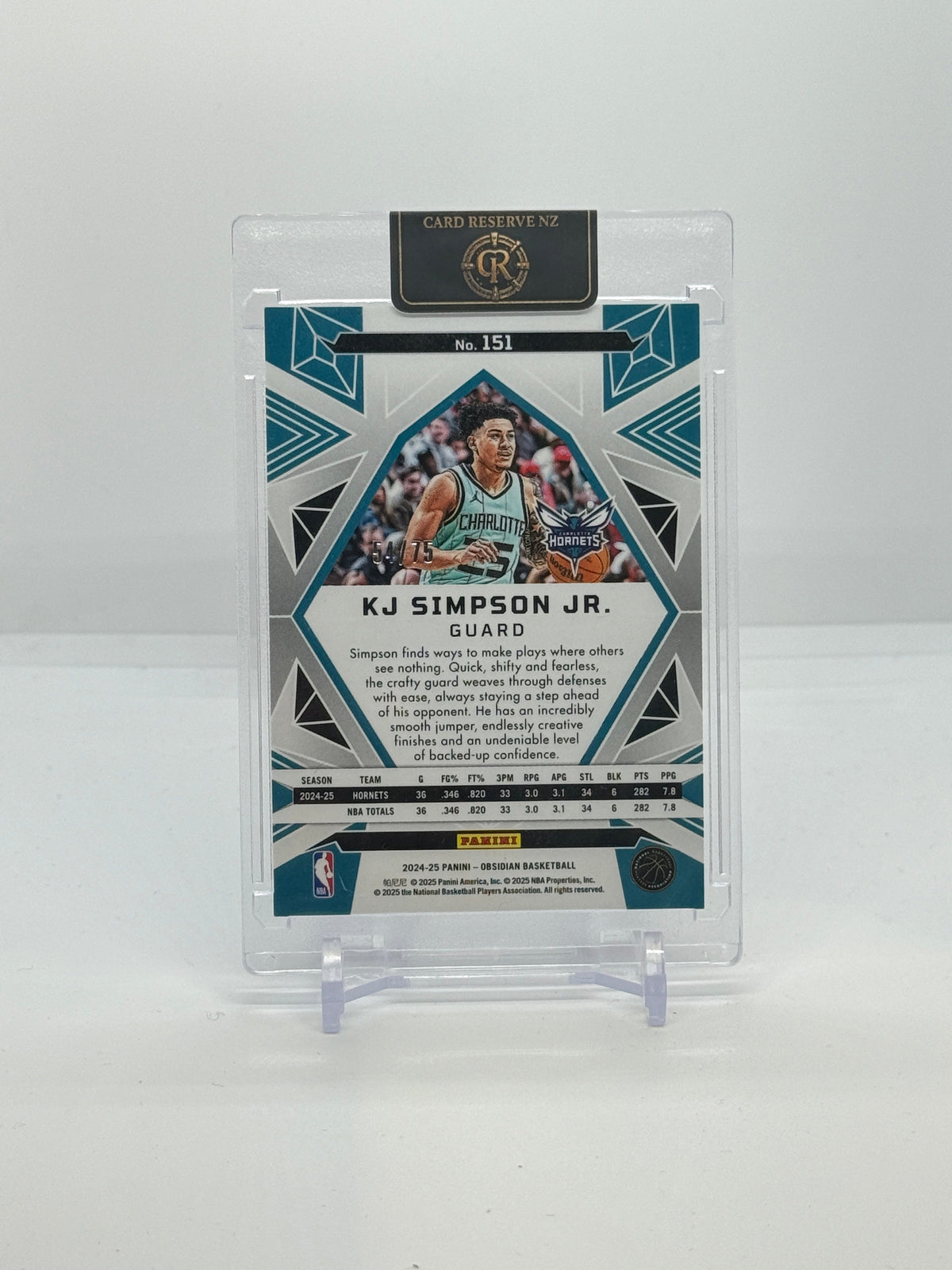 05 2024-25 Panini Obsidian KJ Simpson Jr. Electric Etch Purple Flood Rookie 54/75 #151 - 2024-25 Panini Obsidian KJ Simpson Jr. Electric Etch Purple Flood Rookie 54/75 #151 — Raw actual back