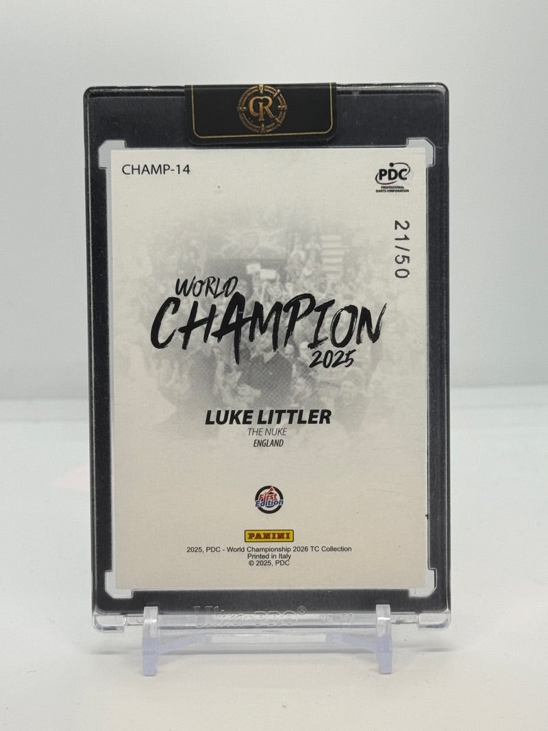 2025 Panini PDC World Championships Luke Littler World Champion 21/50 #CHAMP-14 — Raw — original back photo
