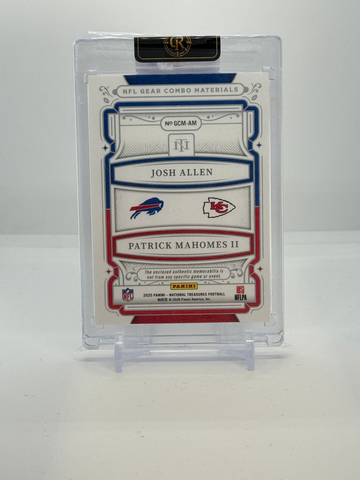 2025 Panini National Treasures Josh Allen / Patrick Mahomes II NFL Gear Combo Materials 73/99 #GCM-AM — Raw — back