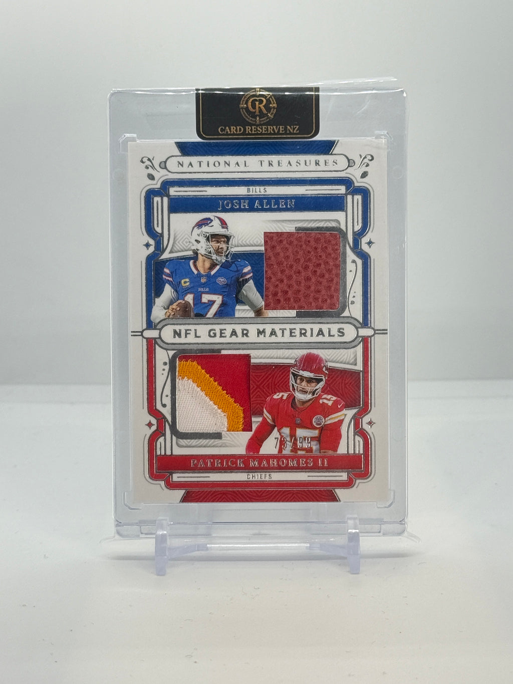 2025 Panini National Treasures Josh Allen / Patrick Mahomes II NFL Gear Combo Materials 73/99 #GCM-AM — Raw — front