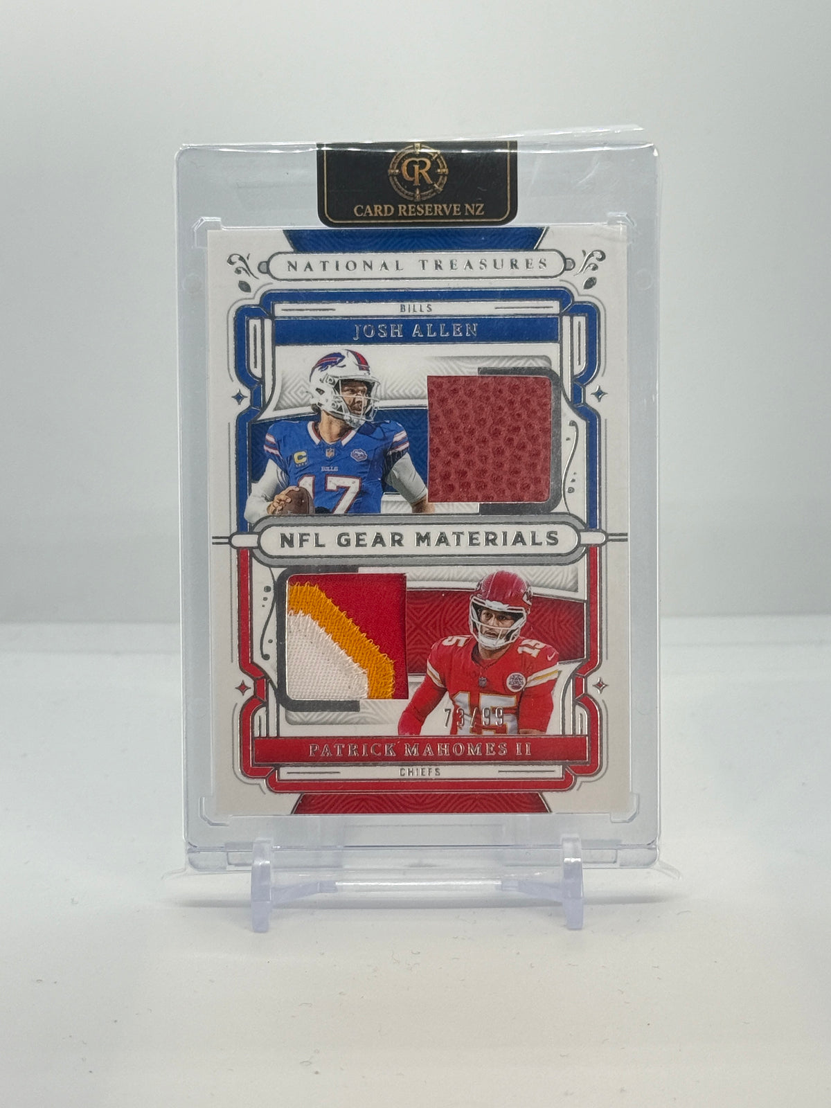 2025 Panini National Treasures Josh Allen / Patrick Mahomes II NFL Gear Combo Materials 73/99 #GCM-AM — Raw — front