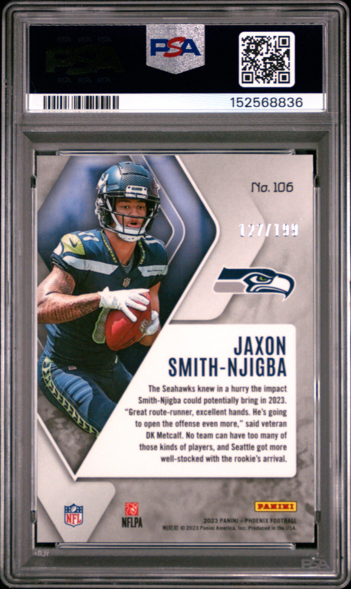 2023 Panini Phoenix Jaxon Smith-Njigba Red Seismic 127/199 #106 — PSA 9 — Cert 152568836 — reverse
