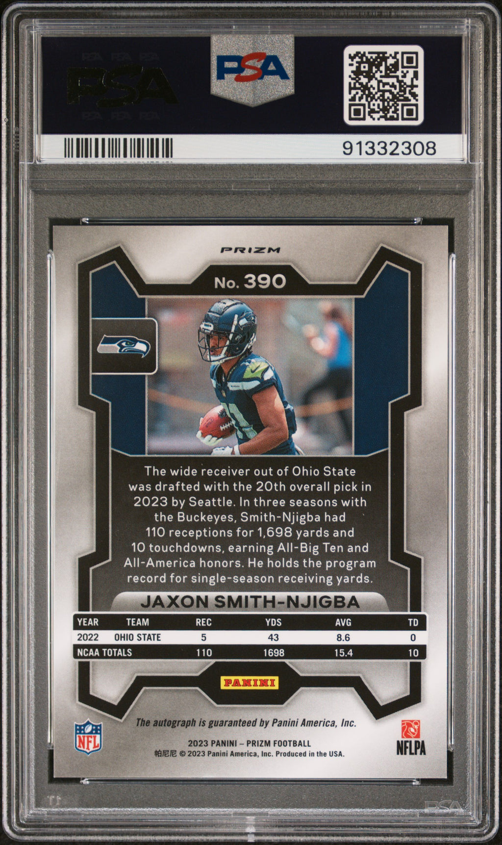2023 Panini Prizm Jaxon Smith-Njigba Autograph #390 — PSA 9 / Auto 10 — Cert 91332308 — reverse