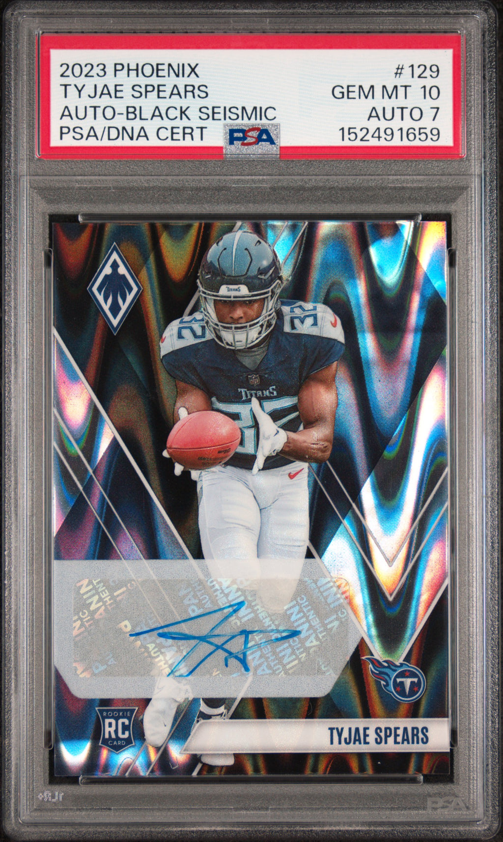 2023 Panini Phoenix Tyjae Spears Autograph-Black Seismic 02/10 #129 — PSA 10 / Auto 7 — Cert 152491659 — front