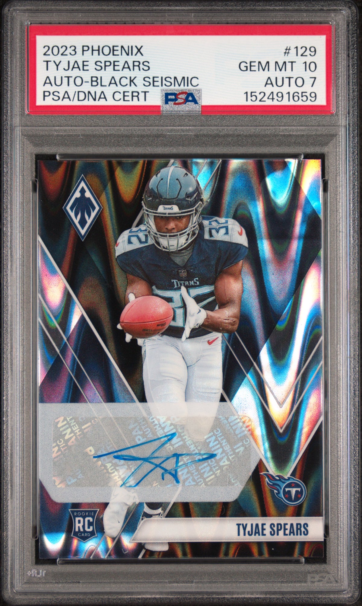 2023 Panini Phoenix Tyjae Spears Autograph-Black Seismic 02/10 #129 — PSA 10 / Auto 7 — Cert 152491659 — front