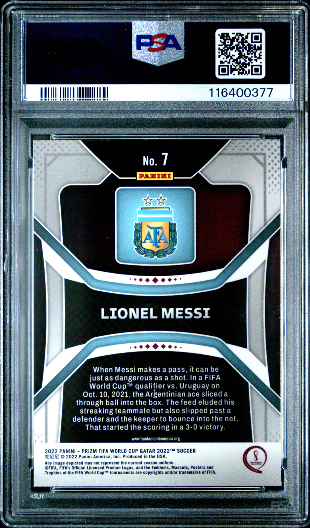 2022 Panini Prizm World Cup Qatar Lionel Messi #7 — PSA 10 — back